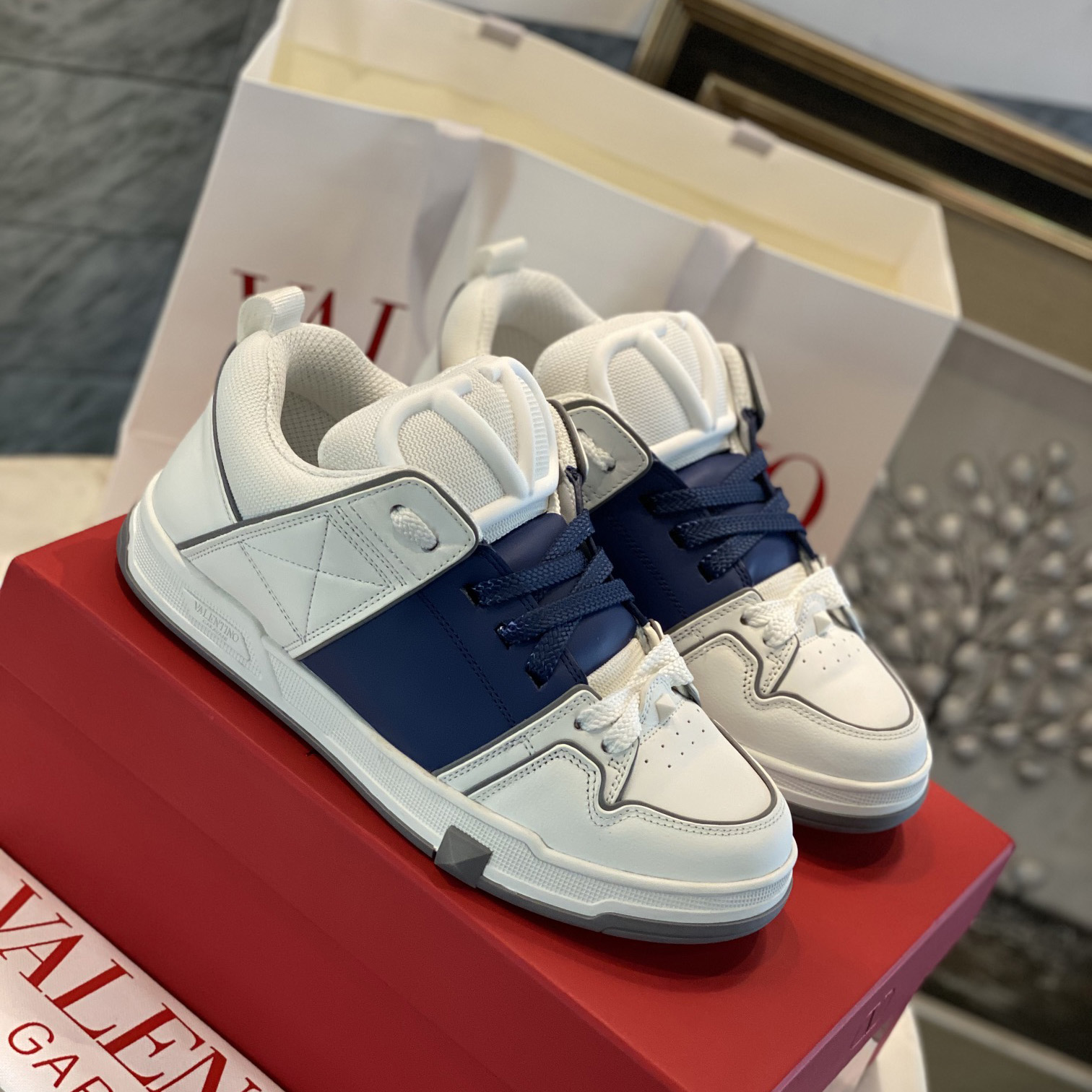 Valenti Open Skate Calfskin And Fabric Sneaker In White/Blue - DesignerGu