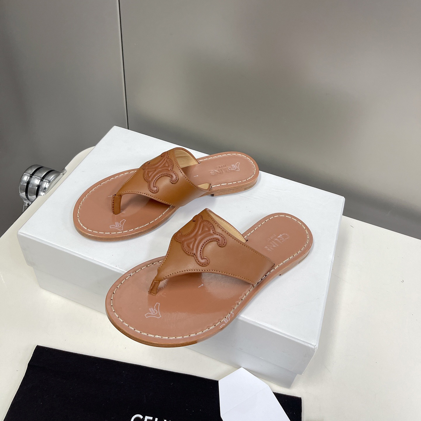 Celine Triomphe Flat Thong In Calfskin Tan - DesignerGu