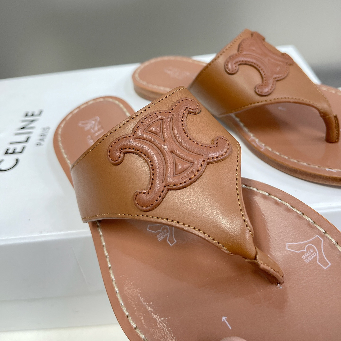 Celine Triomphe Flat Thong In Calfskin Tan - DesignerGu