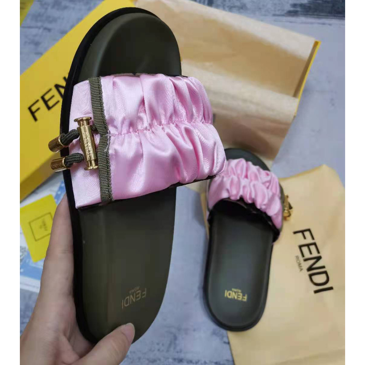 Fendi Fendi Feel Pink Satin Slides - DesignerGu