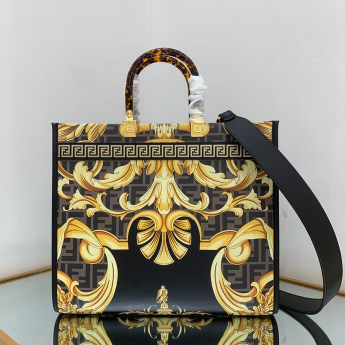 Versace x Fendi Sunshine Medium Fendace Printed White Leather Shopper(35-31-17cm) - DesignerGu