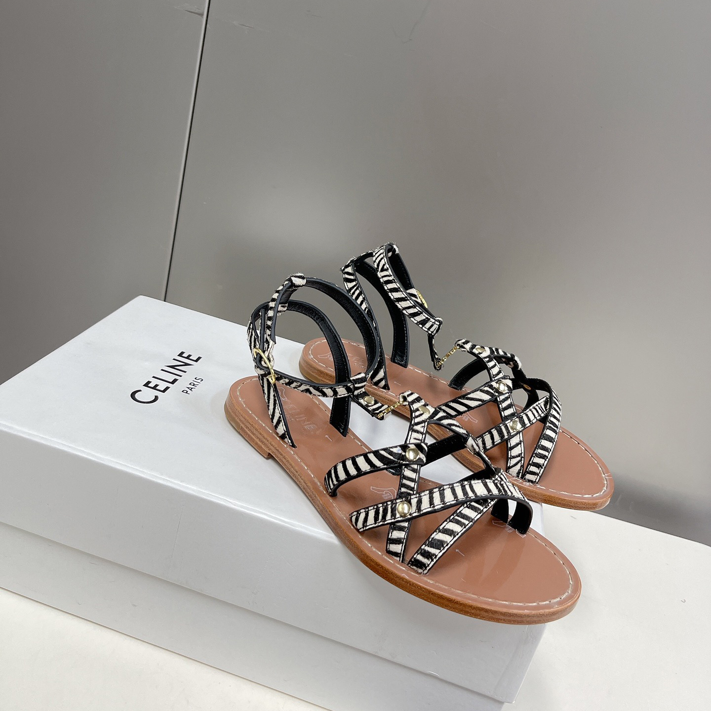 Celine Taillat Triomphe Sandal In Zebra Printed Hairy Calfskin Black/White - DesignerGu