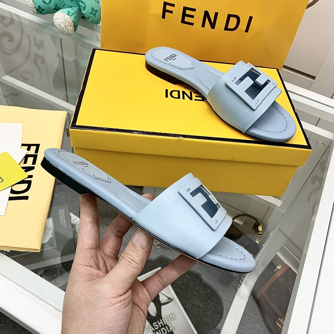 Fendi Signature Light Blue Leather Slides - DesignerGu