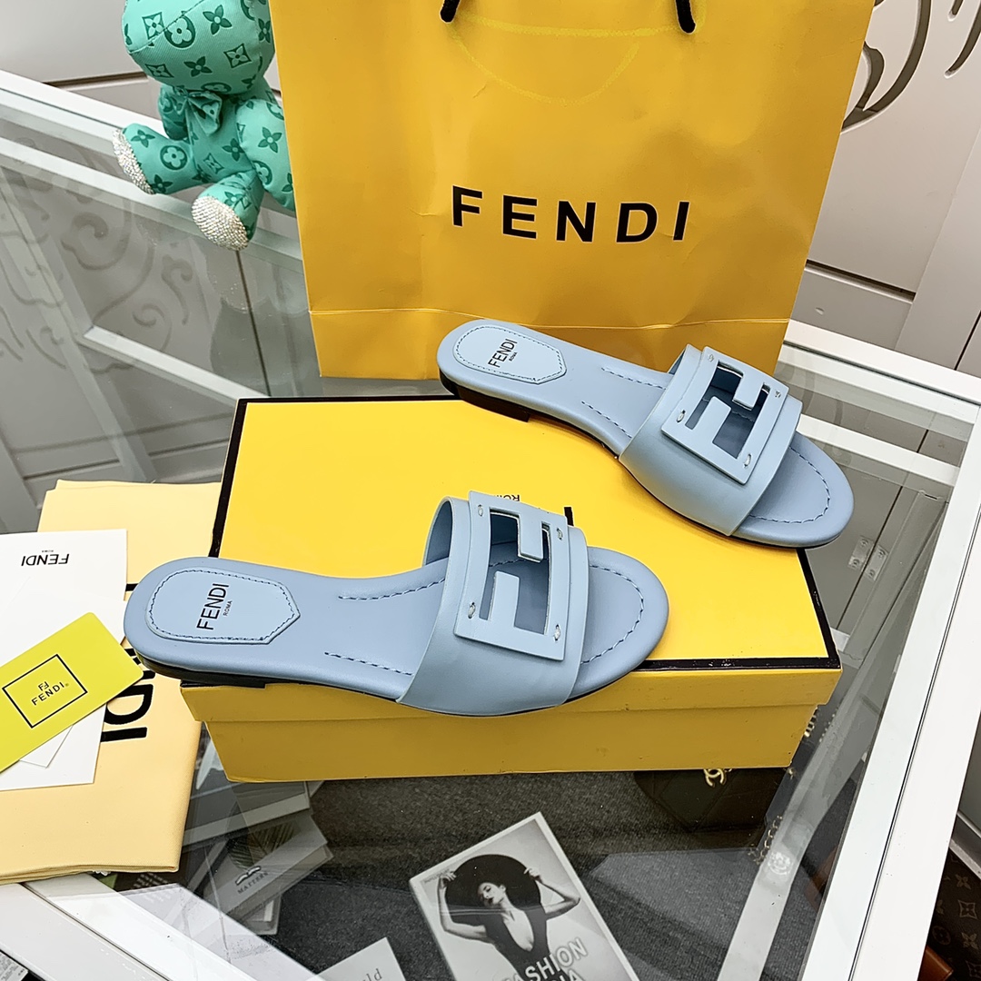 Fendi Signature Light Blue Leather Slides - DesignerGu