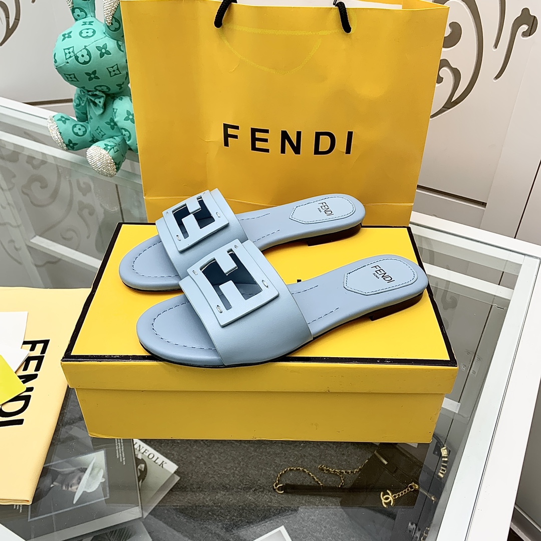 Fendi Signature Light Blue Leather Slides - DesignerGu