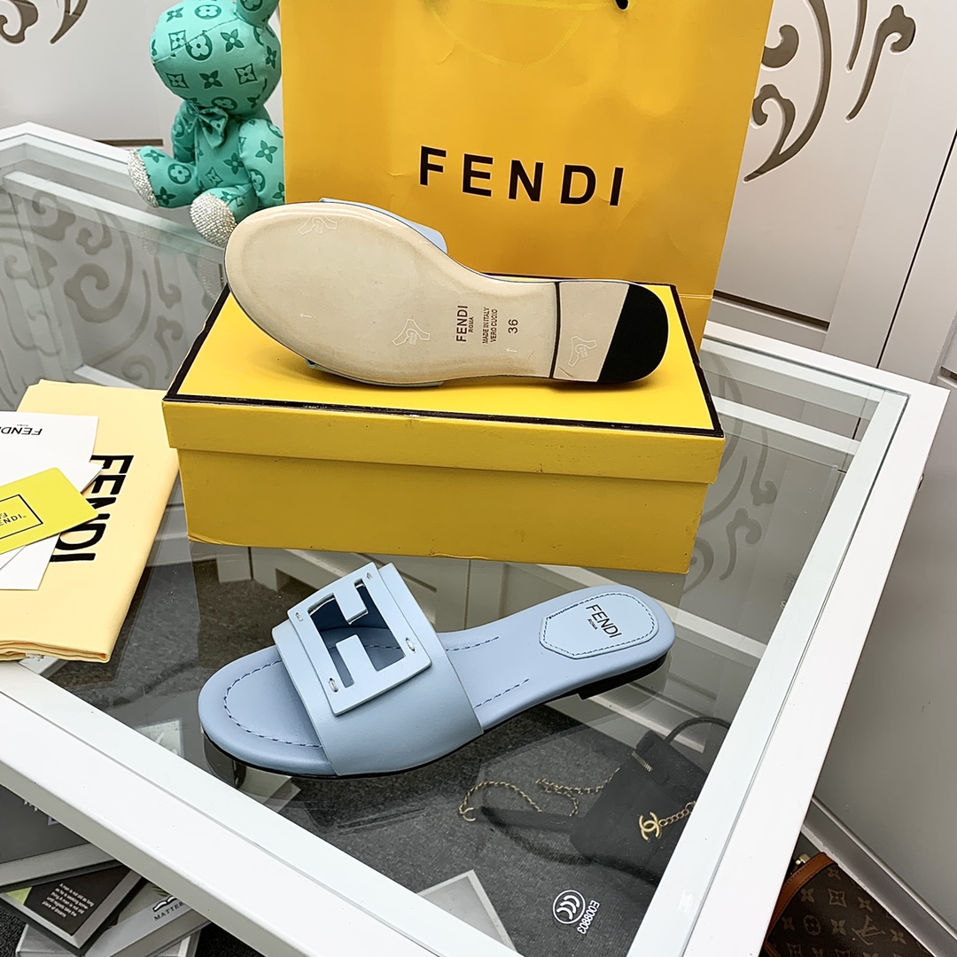 Fendi Signature Light Blue Leather Slides - DesignerGu