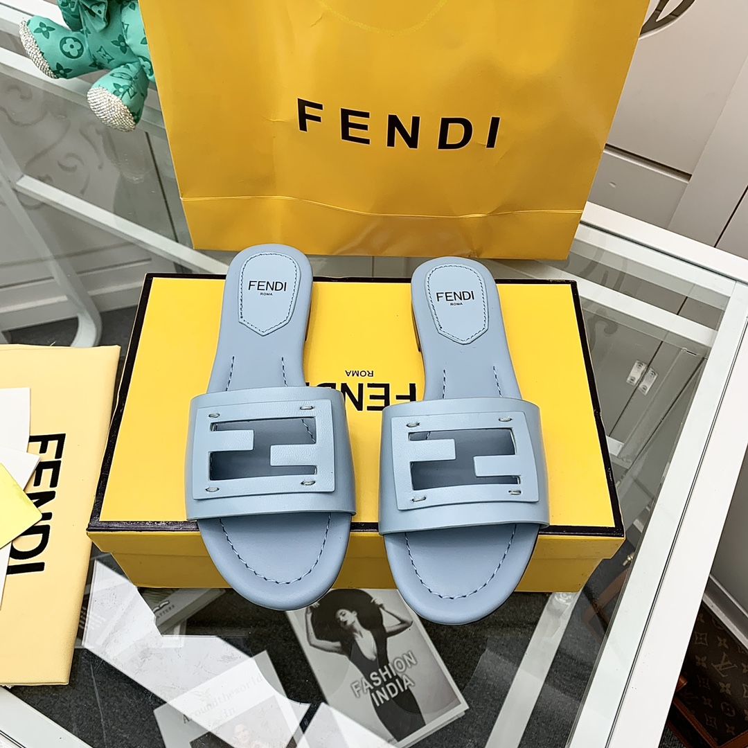 Fendi Signature Light Blue Leather Slides - DesignerGu