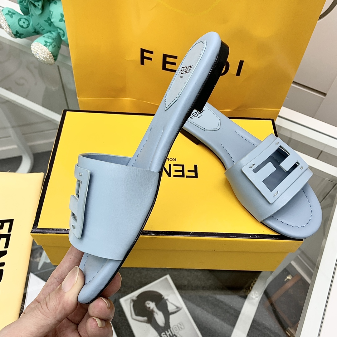 Fendi Signature Light Blue Leather Slides - DesignerGu