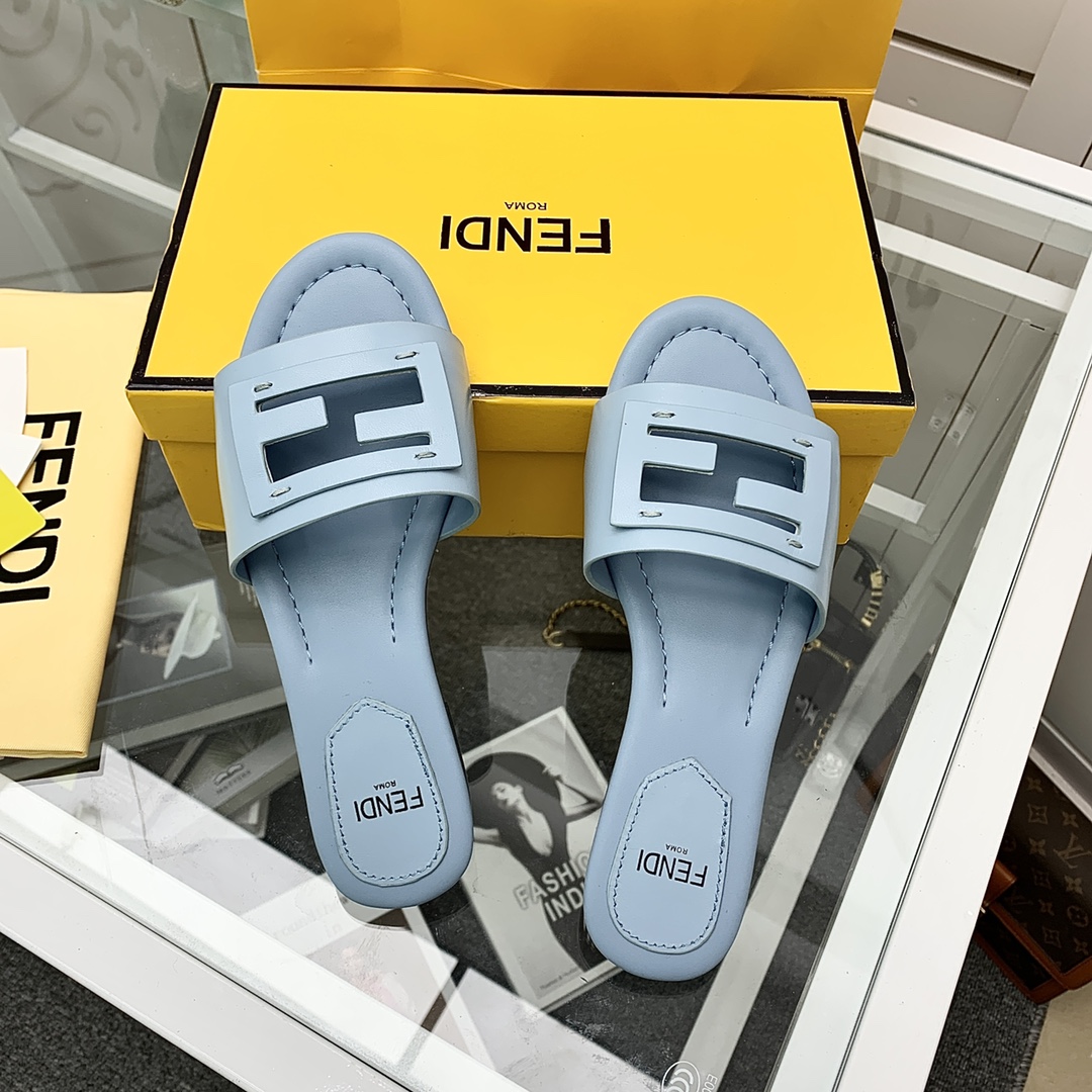 Fendi Signature Light Blue Leather Slides - DesignerGu