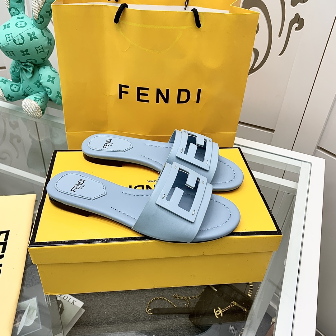 Fendi Signature Light Blue Leather Slides - DesignerGu