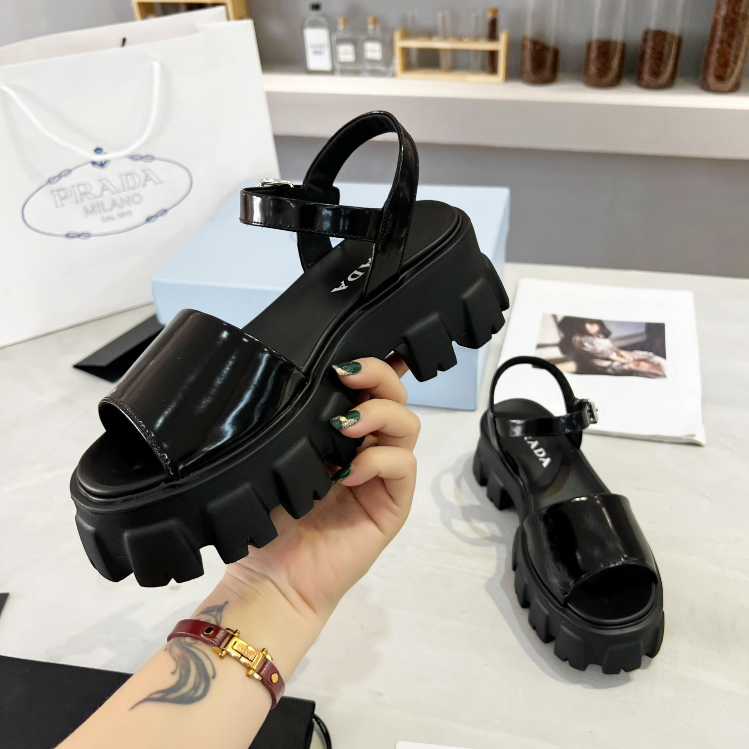 Prada Monolith Brushed Leather Sandals - DesignerGu