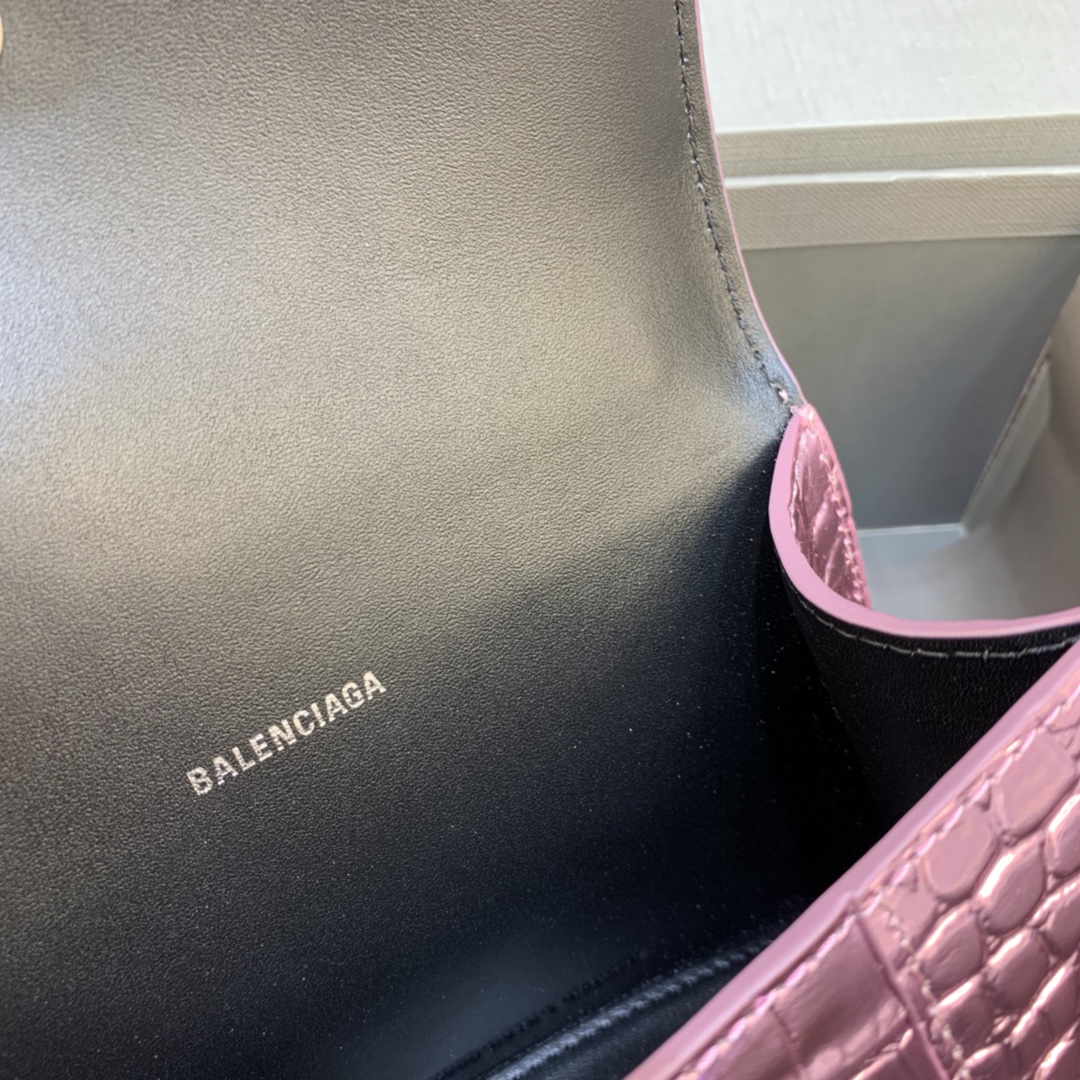 Balenciaga Hourglass Handbag In Pink Metallized Crocodile Embossed (23-10-14CM) - DesignerGu