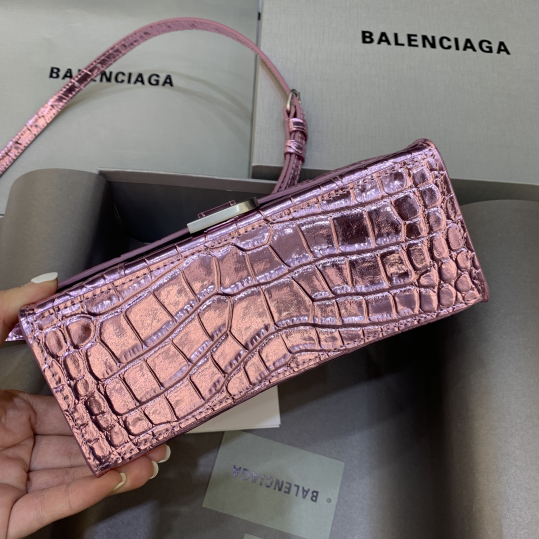 Balenciaga Hourglass Handbag In Pink Metallized Crocodile Embossed (23-10-14CM) - DesignerGu