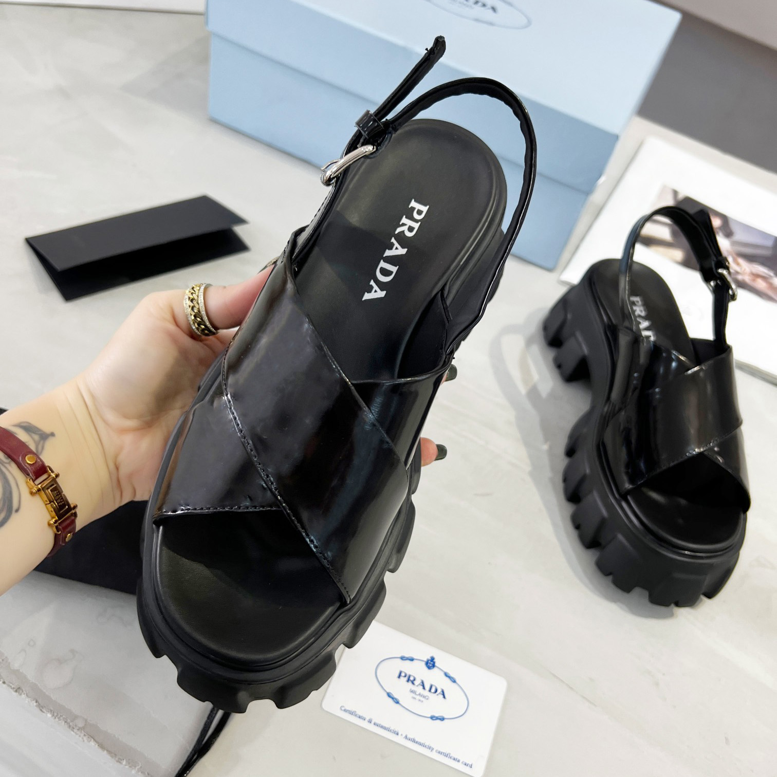 Prada Monolith Brushed Leather Sandals - DesignerGu