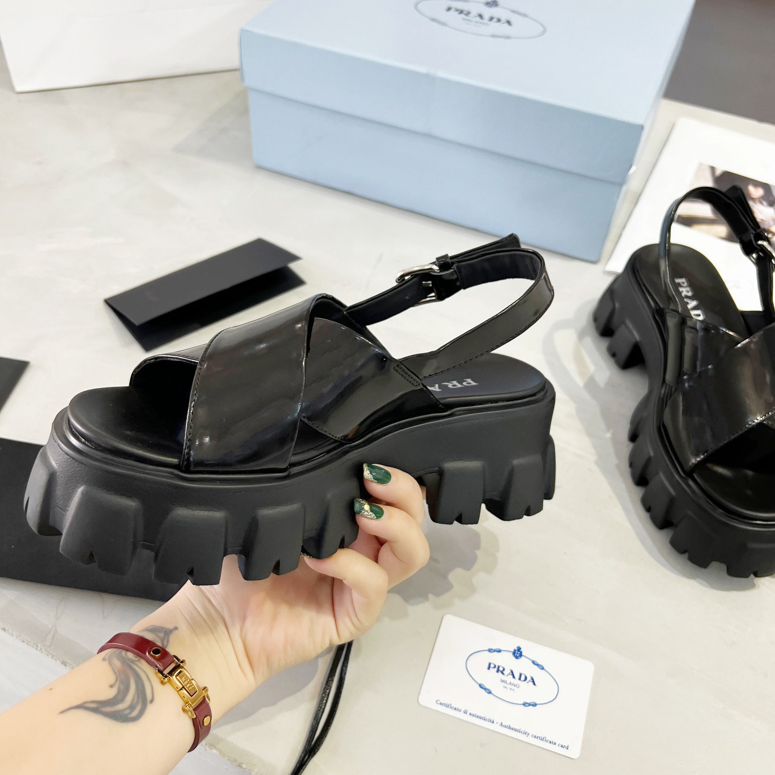 Prada Monolith Brushed Leather Sandals - DesignerGu