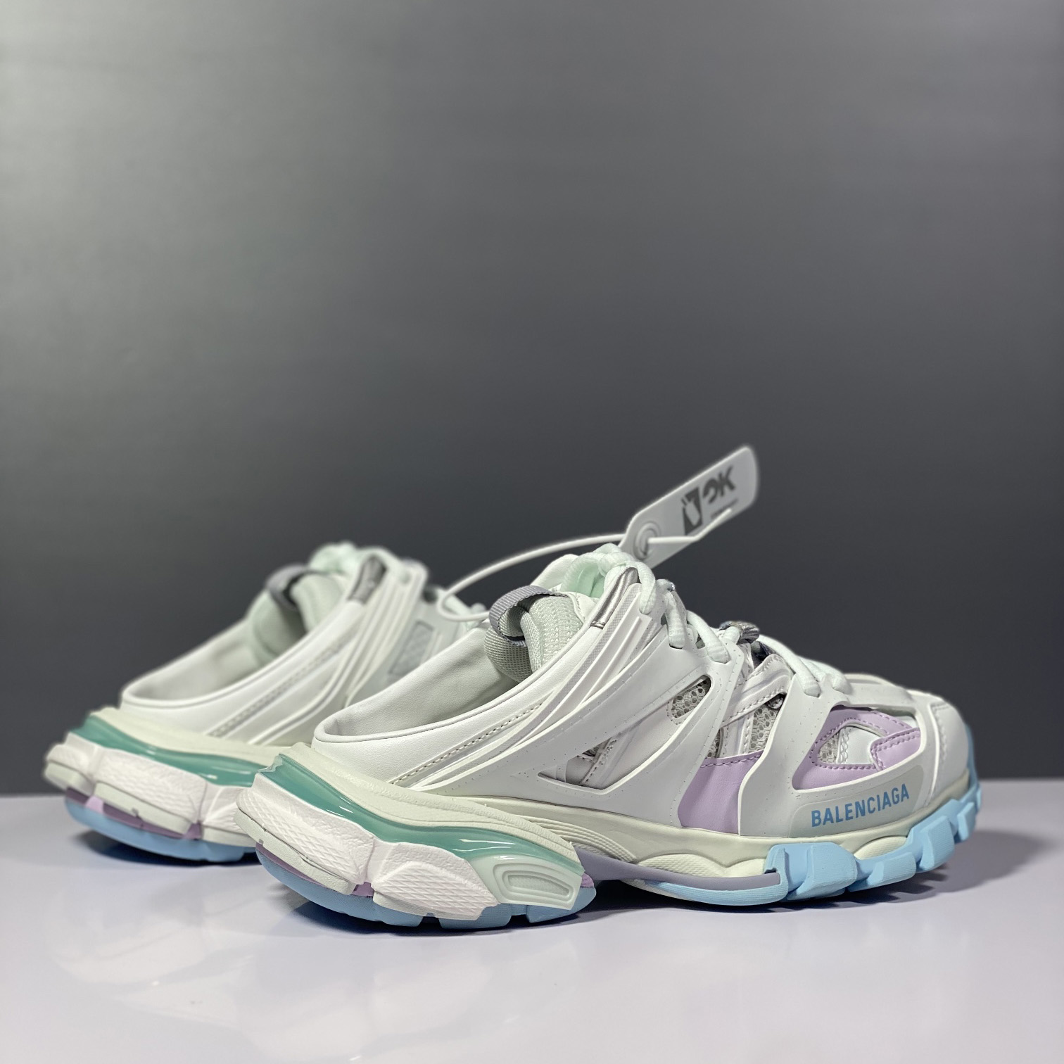 Balenciaga Track Mule In White, Light Blue And Light Pink Mesh And Nylon - DesignerGu