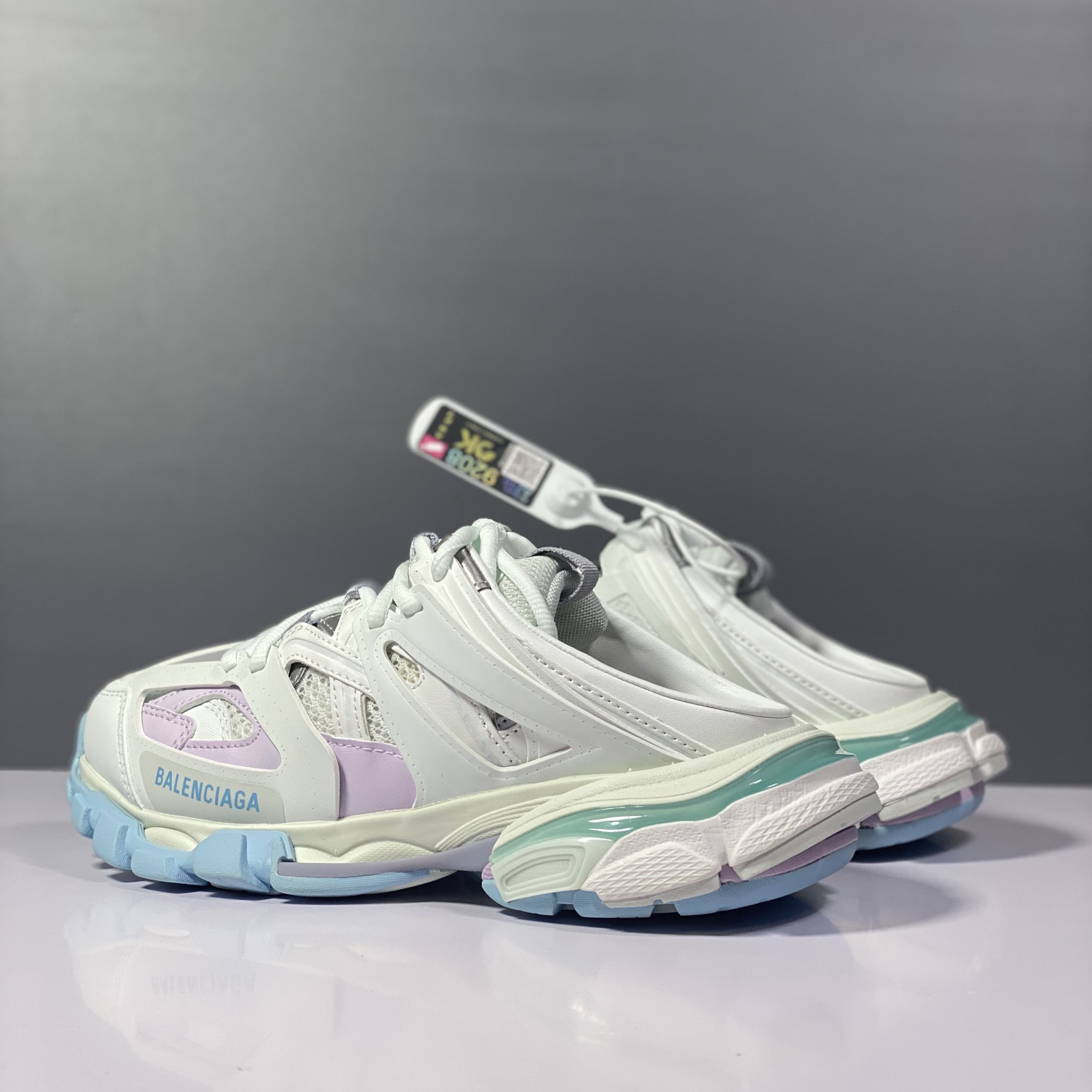 Balenciaga Track Mule In White, Light Blue And Light Pink Mesh And Nylon - DesignerGu