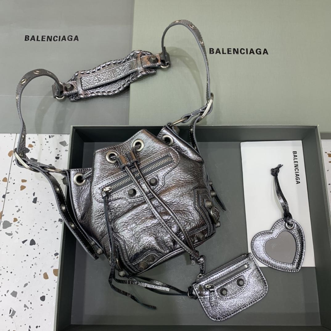 Balenciaga Le Cagole XS Bucket Bag In Silver Metallized Arena Lambskin, Aged-Silver Hardware With White Rhinestones(15-19.8-17.8cm) - DesignerGu