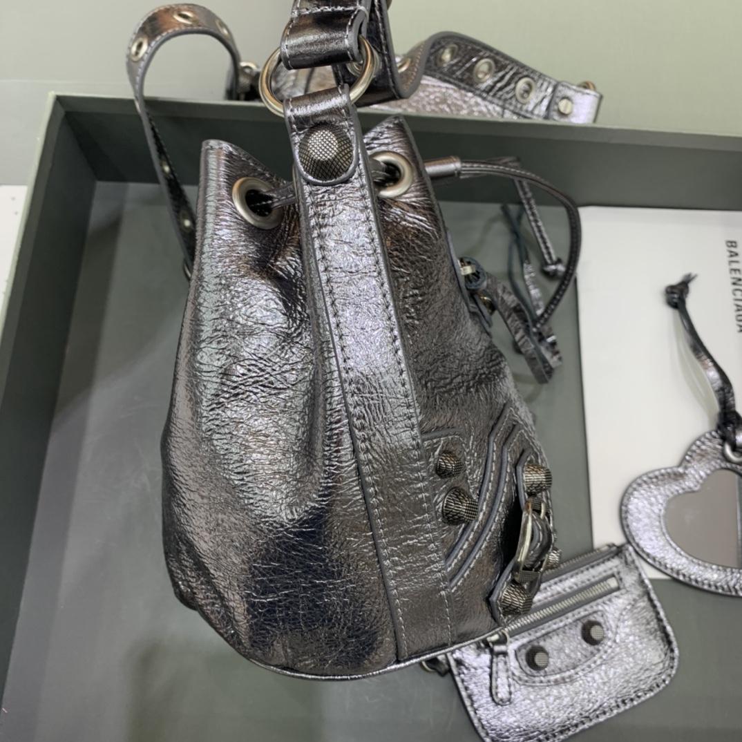 Balenciaga Le Cagole XS Bucket Bag In Silver Metallized Arena Lambskin, Aged-Silver Hardware With White Rhinestones(15-19.8-17.8cm) - DesignerGu