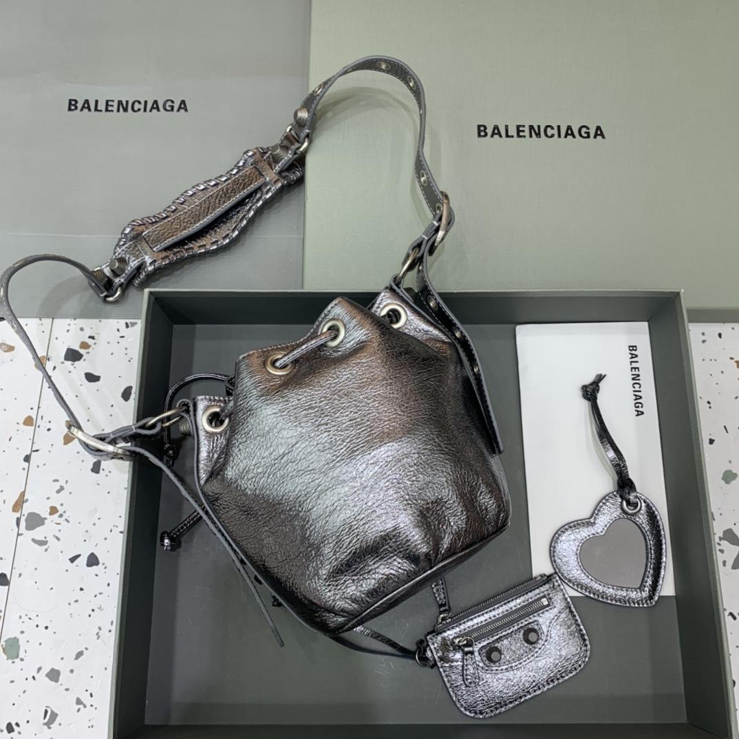 Balenciaga Le Cagole XS Bucket Bag In Silver Metallized Arena Lambskin, Aged-Silver Hardware With White Rhinestones(15-19.8-17.8cm) - DesignerGu