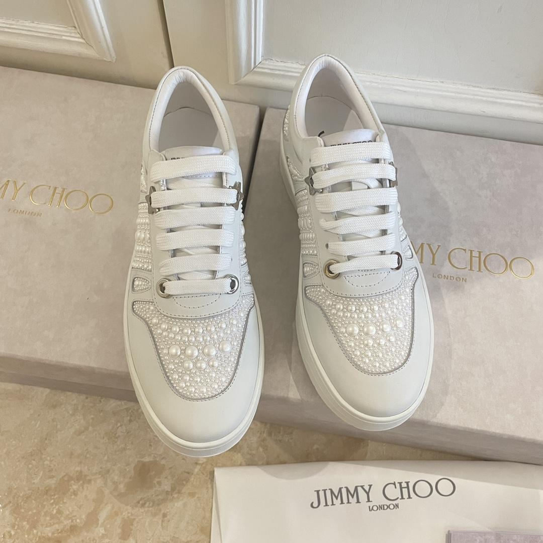 Jimmy Choo Hawaii/F White Calf Leather And Canvas Low Top Trainers With Pearl Embellishment - DesignerGu