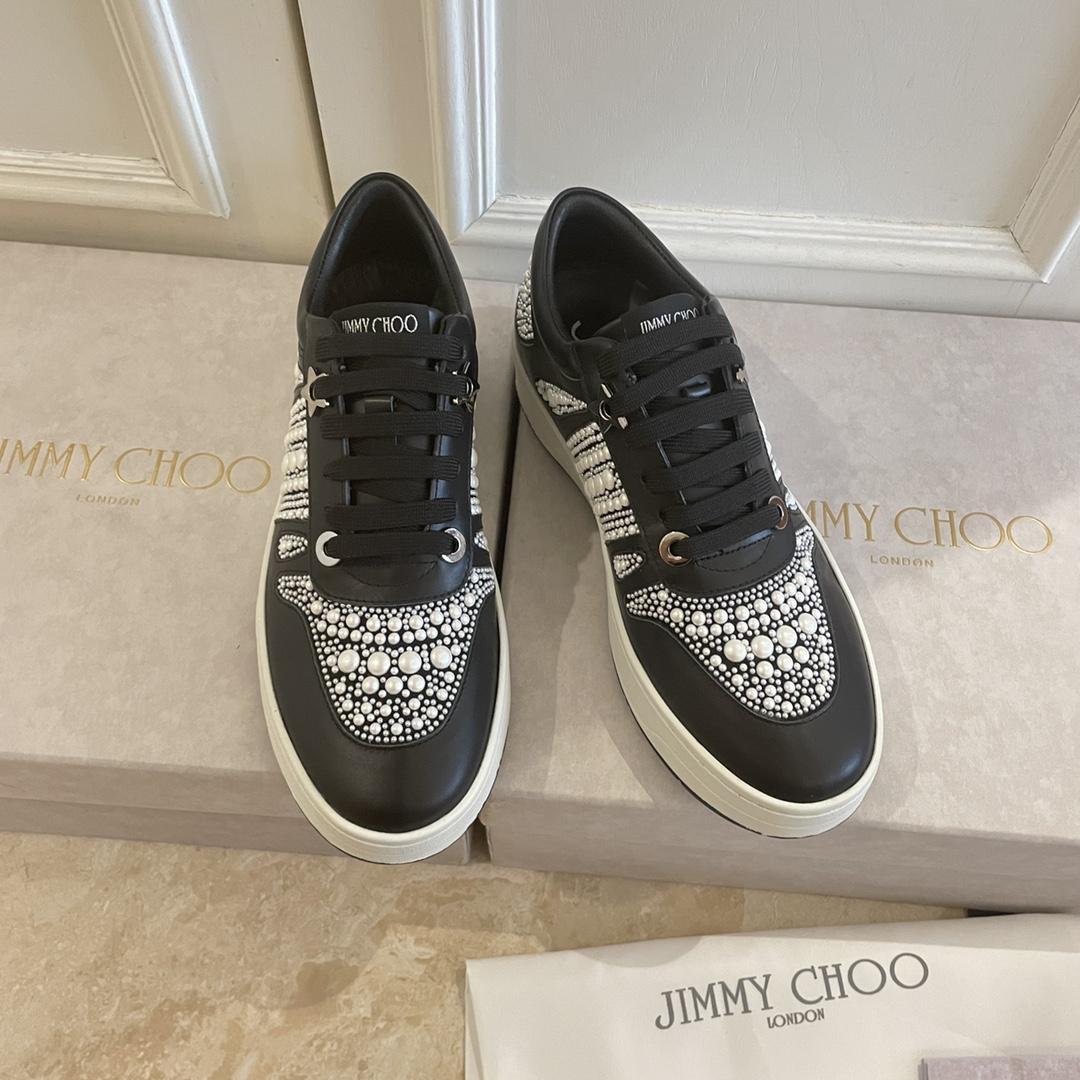 Jimmy Choo Hawaii/F Black Calf Leather And Canvas Low Top Trainers With Pearl Embellishment - DesignerGu