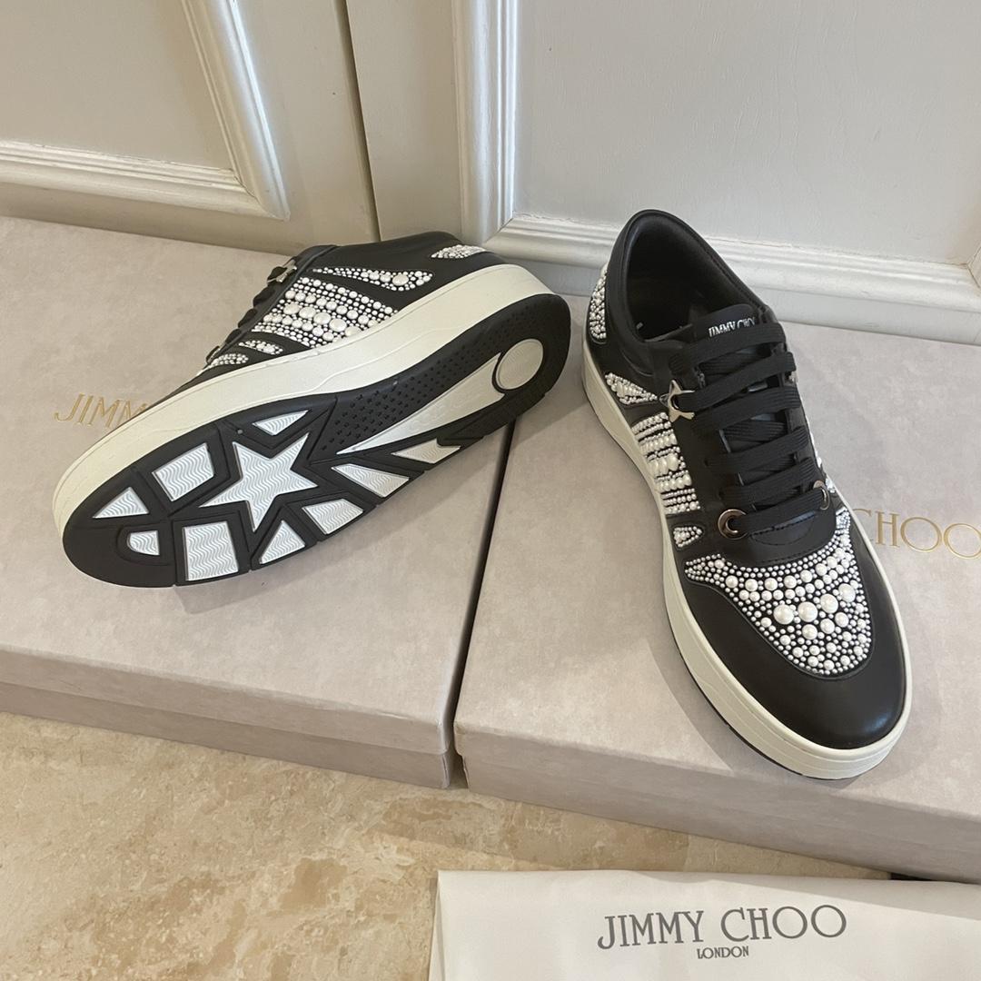 Jimmy Choo Hawaii/F Black Calf Leather And Canvas Low Top Trainers With Pearl Embellishment - DesignerGu