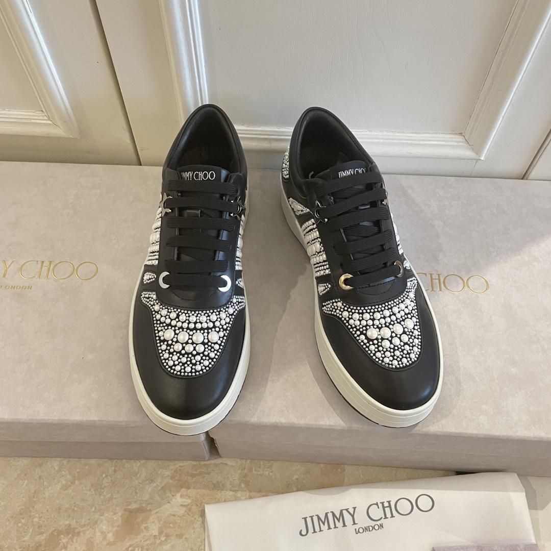 Jimmy Choo Hawaii/F Black Calf Leather And Canvas Low Top Trainers With Pearl Embellishment - DesignerGu