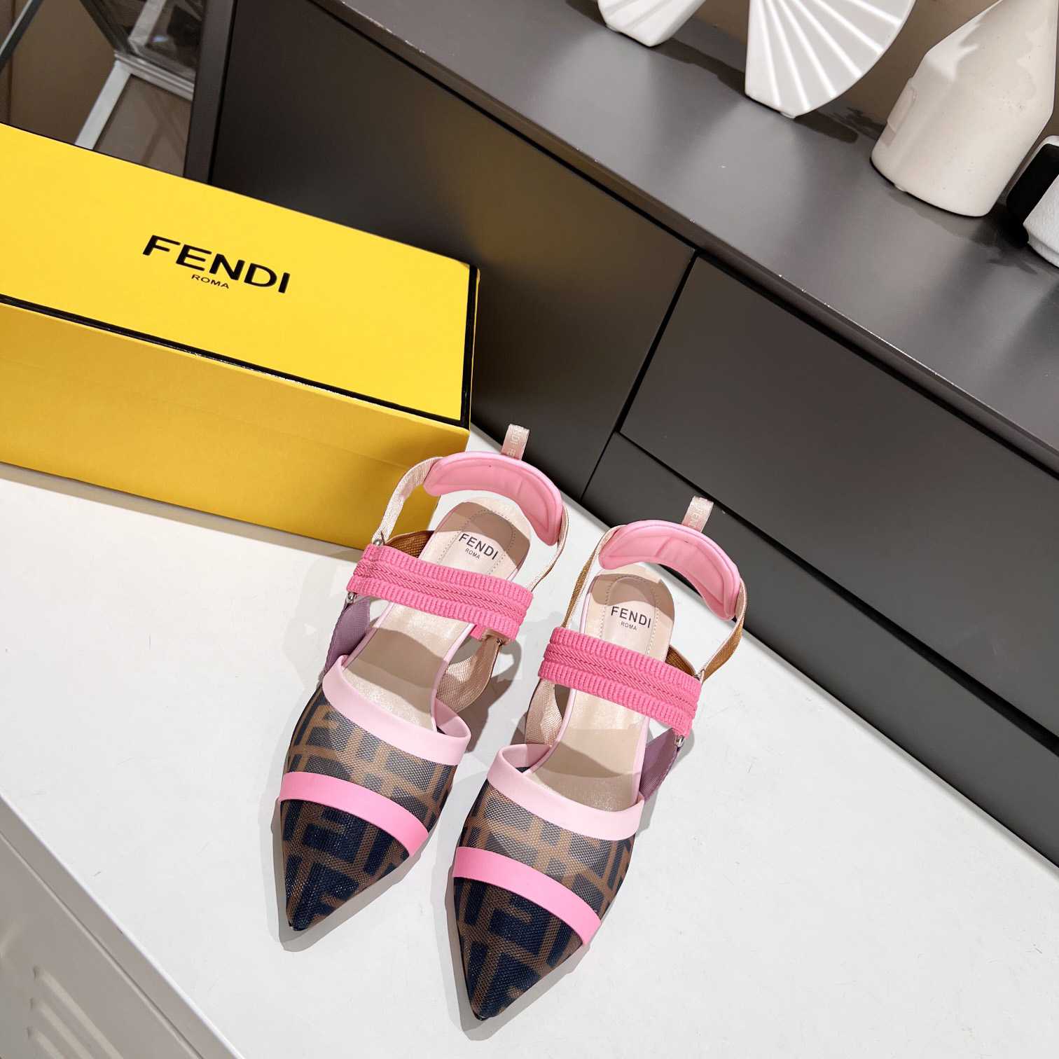 Fendi Colibrì Brown Mesh Medium-Heeled Slingbacks - DesignerGu