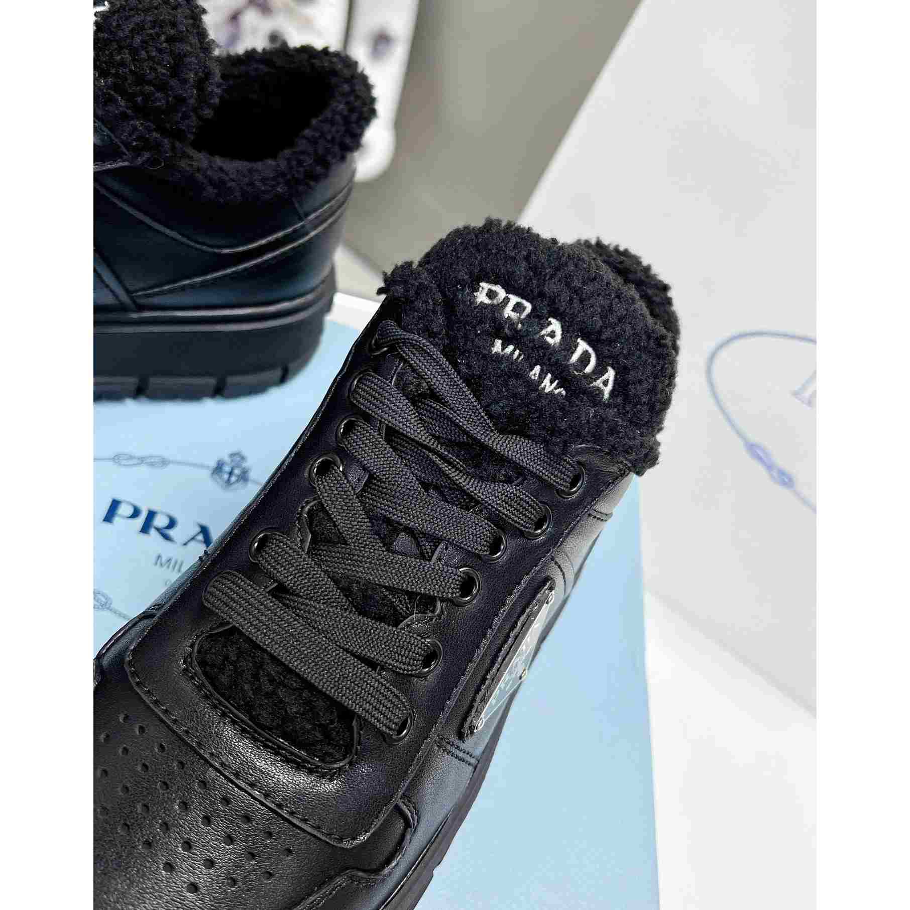 Prada Leather And Shearling Sneakers - DesignerGu