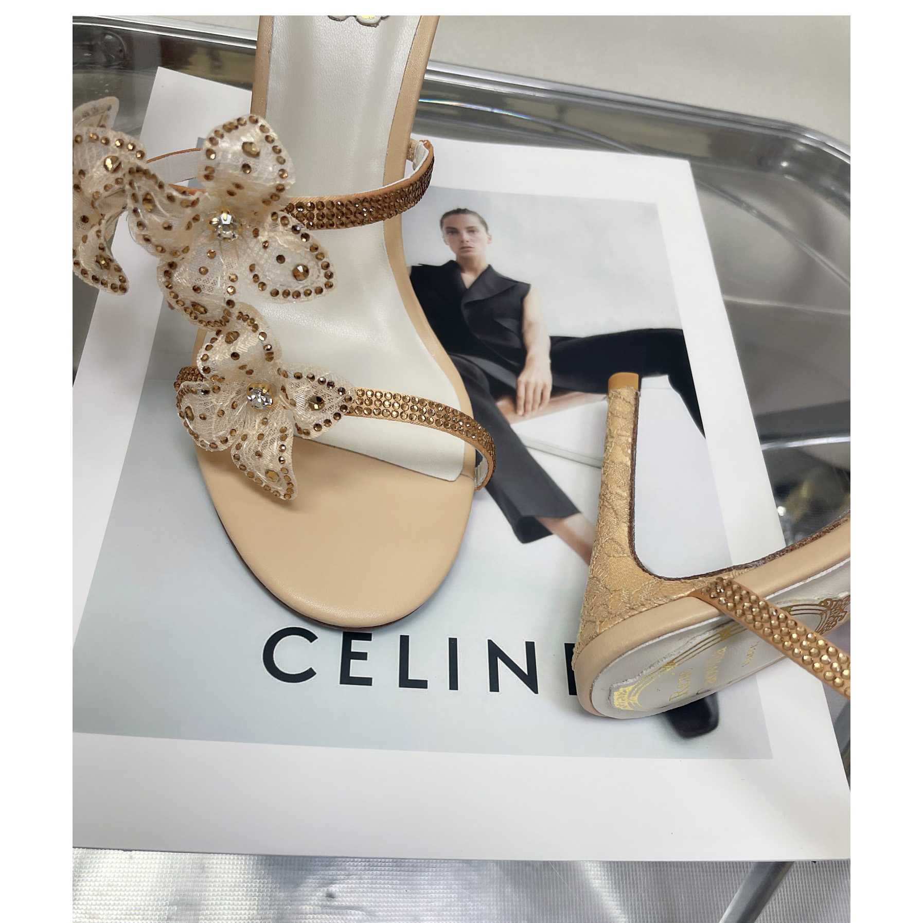 Rene Caovilla Gold Sandals With Flowers Floriane - DesignerGu