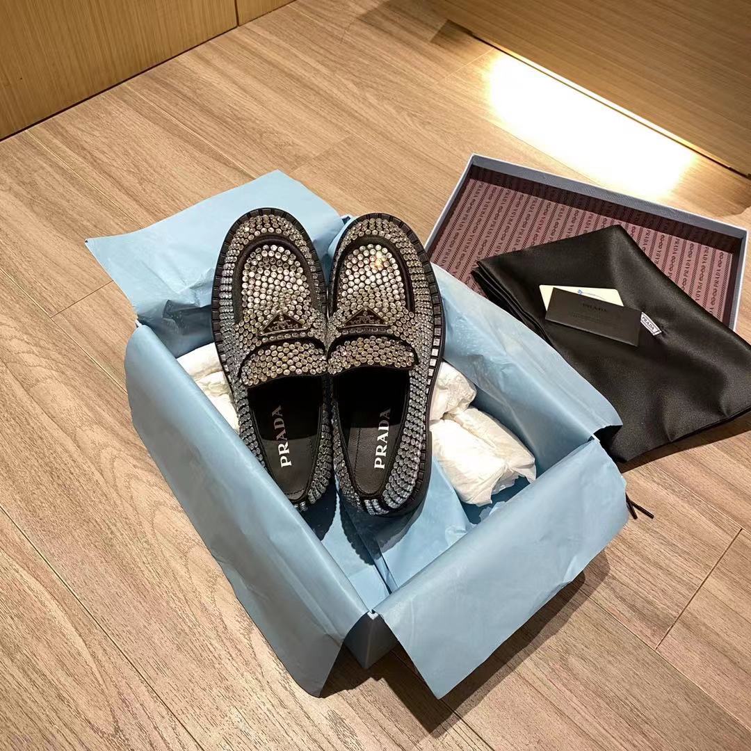 Prada Chocolate Satin Loafers With Crystals - DesignerGu