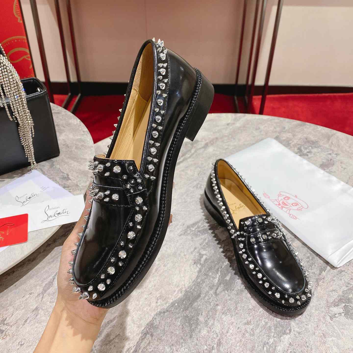 Christian Louboutin Women's Mattia Spikes Leather Loafers - DesignerGu