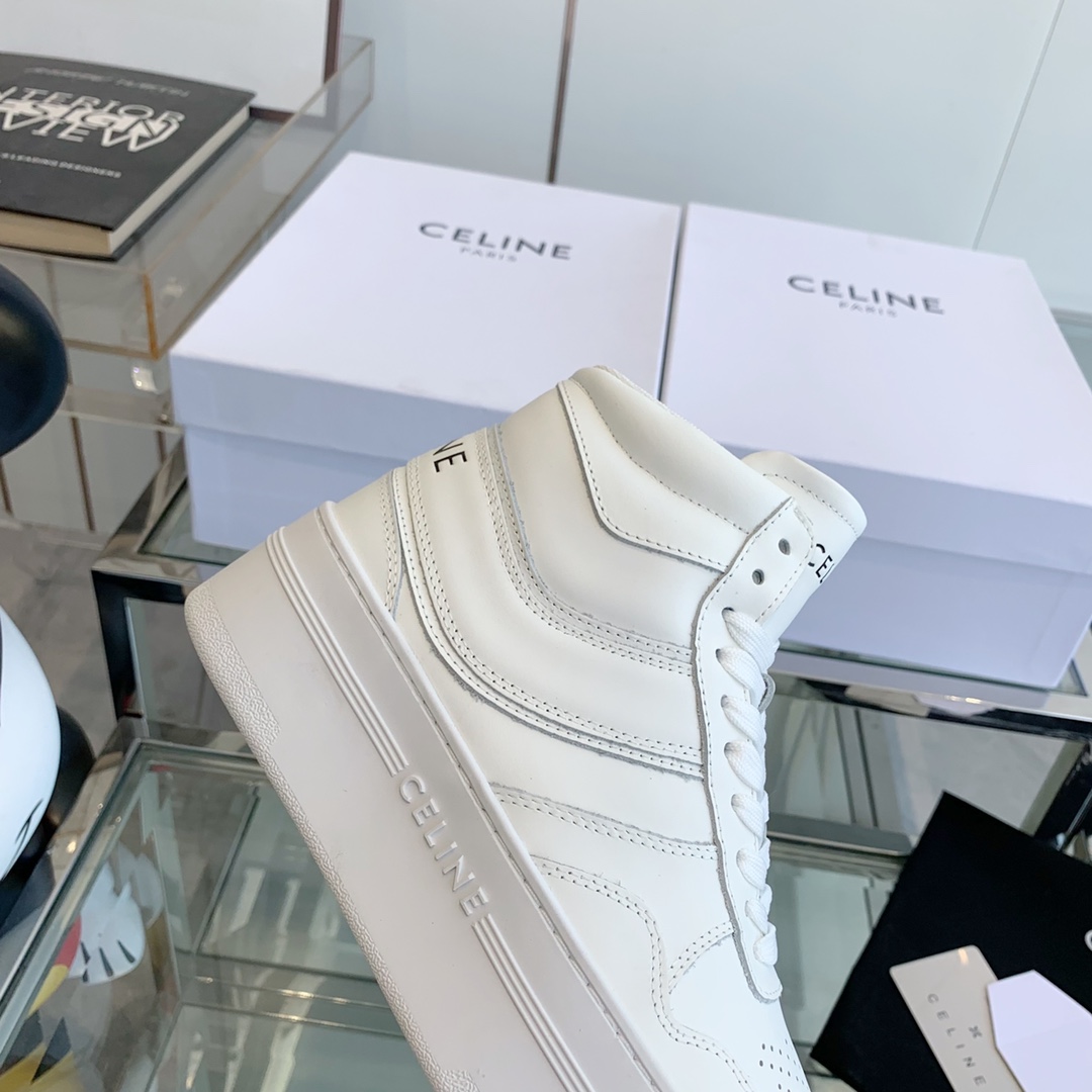 Celine Block Sneakers With Wedge OUtsole In Calfskin Optic White   - DesignerGu