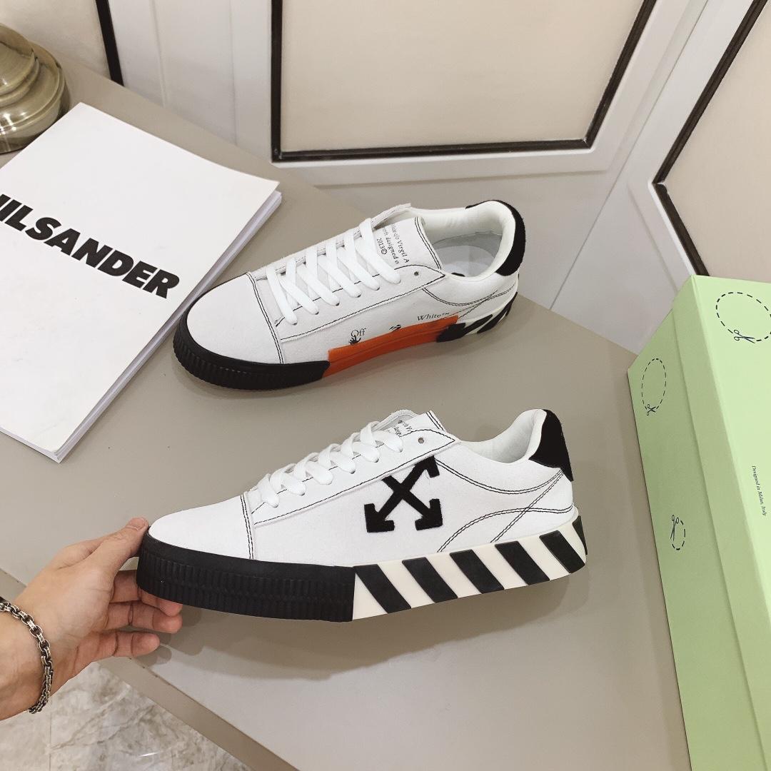 Off White White & Black Canvas Vulcanized Low Sneakers - DesignerGu