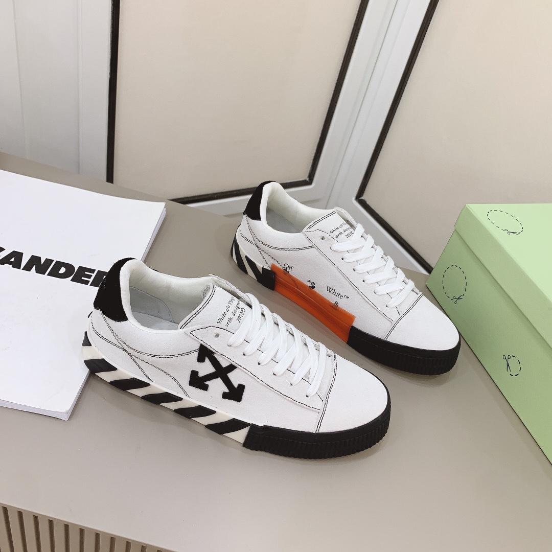 Off White White & Black Canvas Vulcanized Low Sneakers - DesignerGu