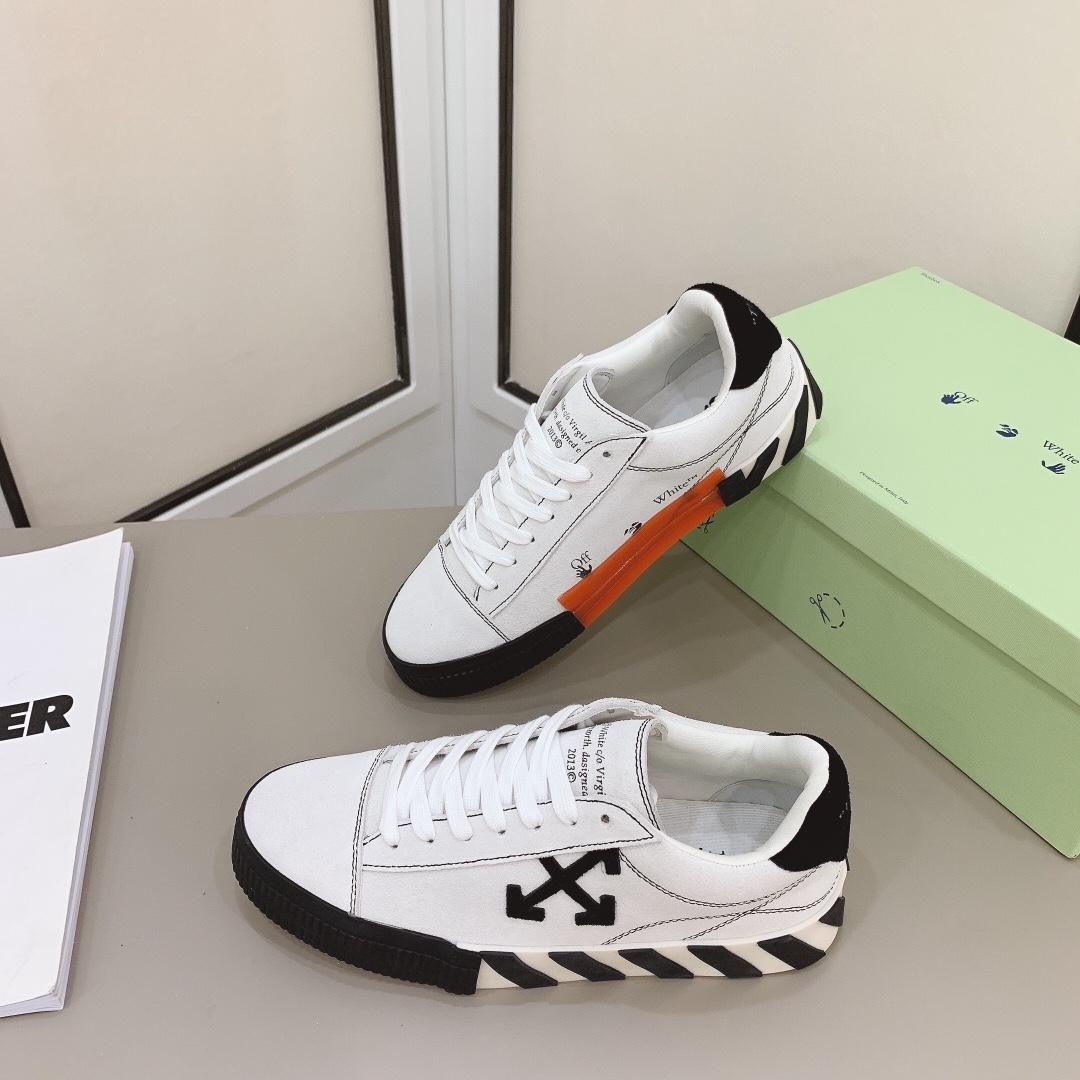 Off White White & Black Canvas Vulcanized Low Sneakers - DesignerGu