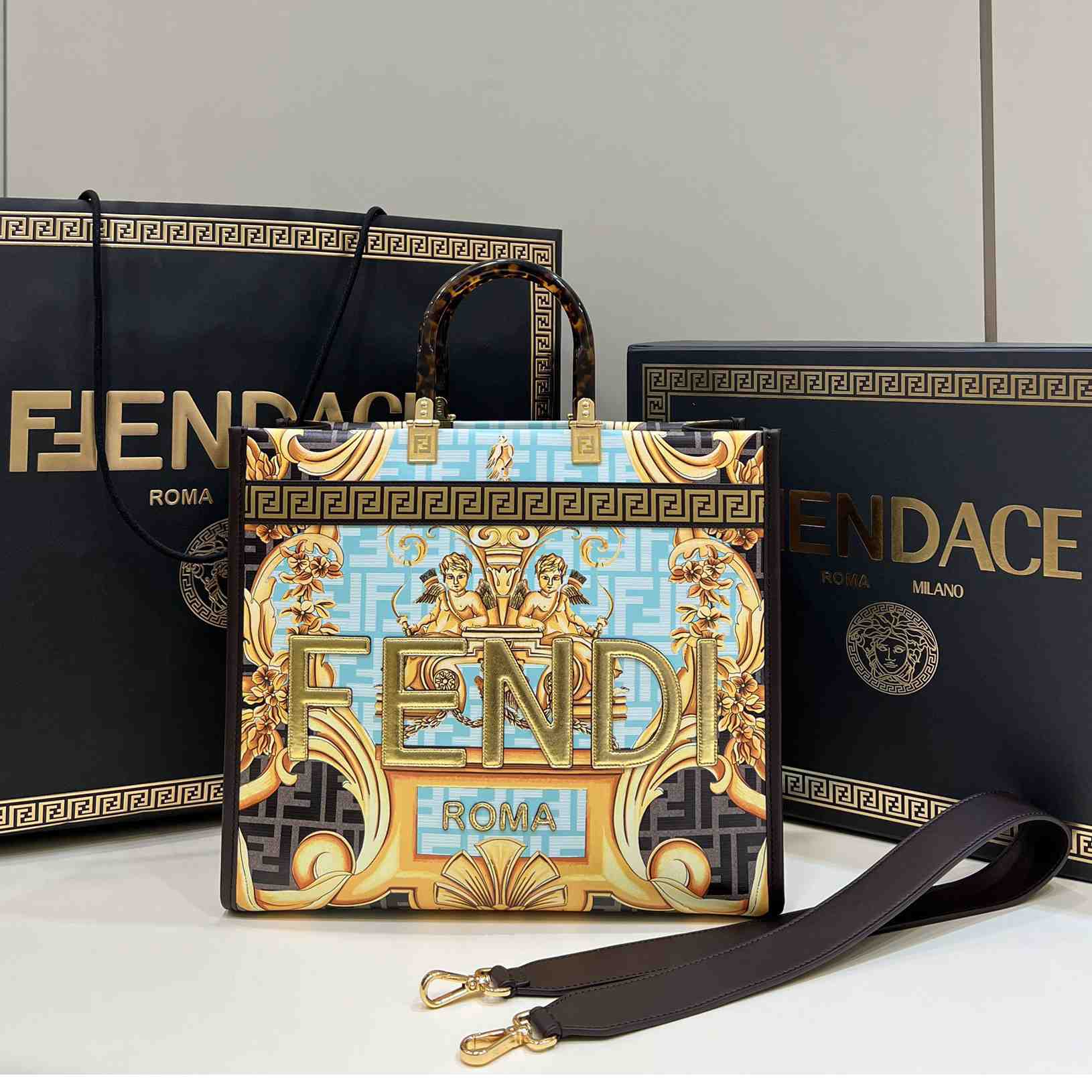 Versace x Fendi Sunshine Fendace Leather Shopper(36-13-32cm) - DesignerGu