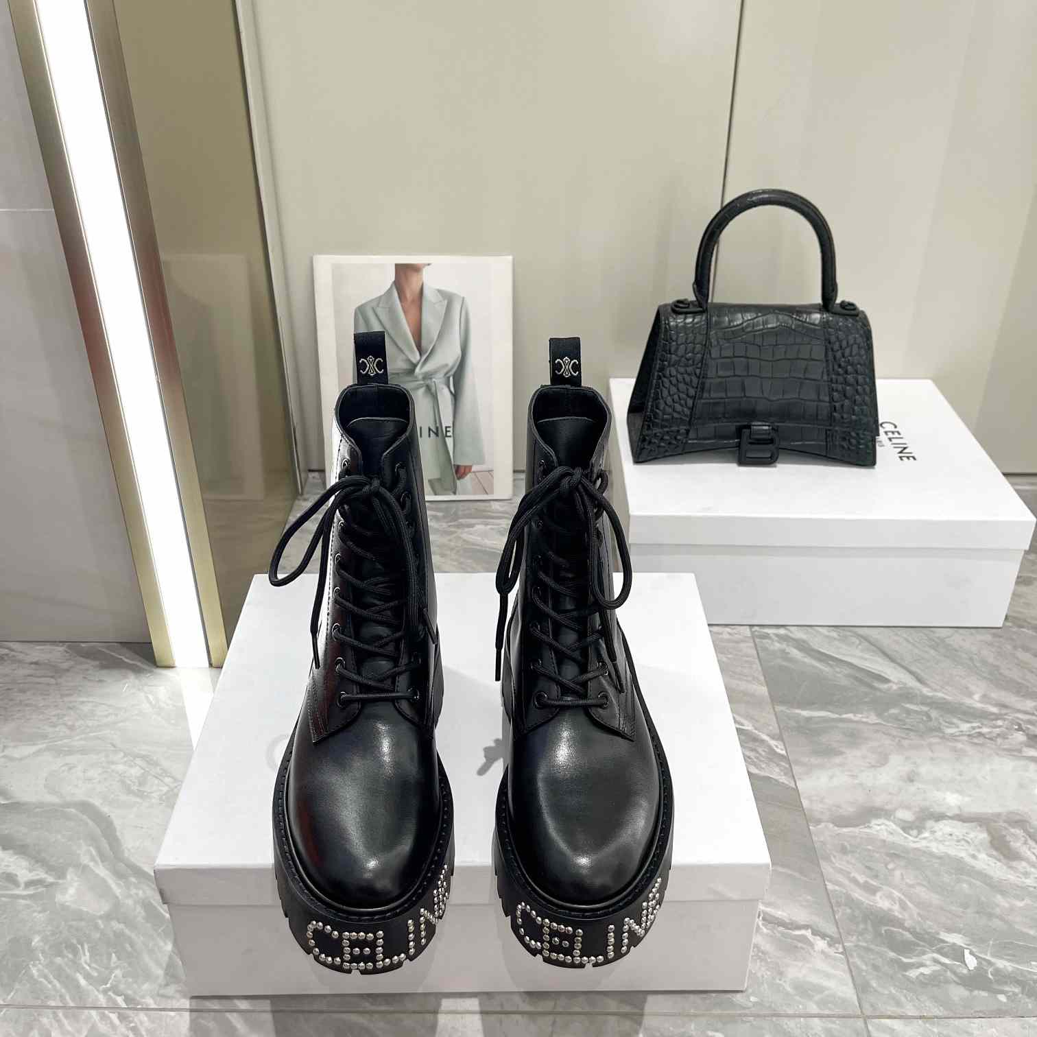Celine Lace-Up Boot With Triomphe And Studded Outsole Celine Bulky In Shiny Bull - DesignerGu