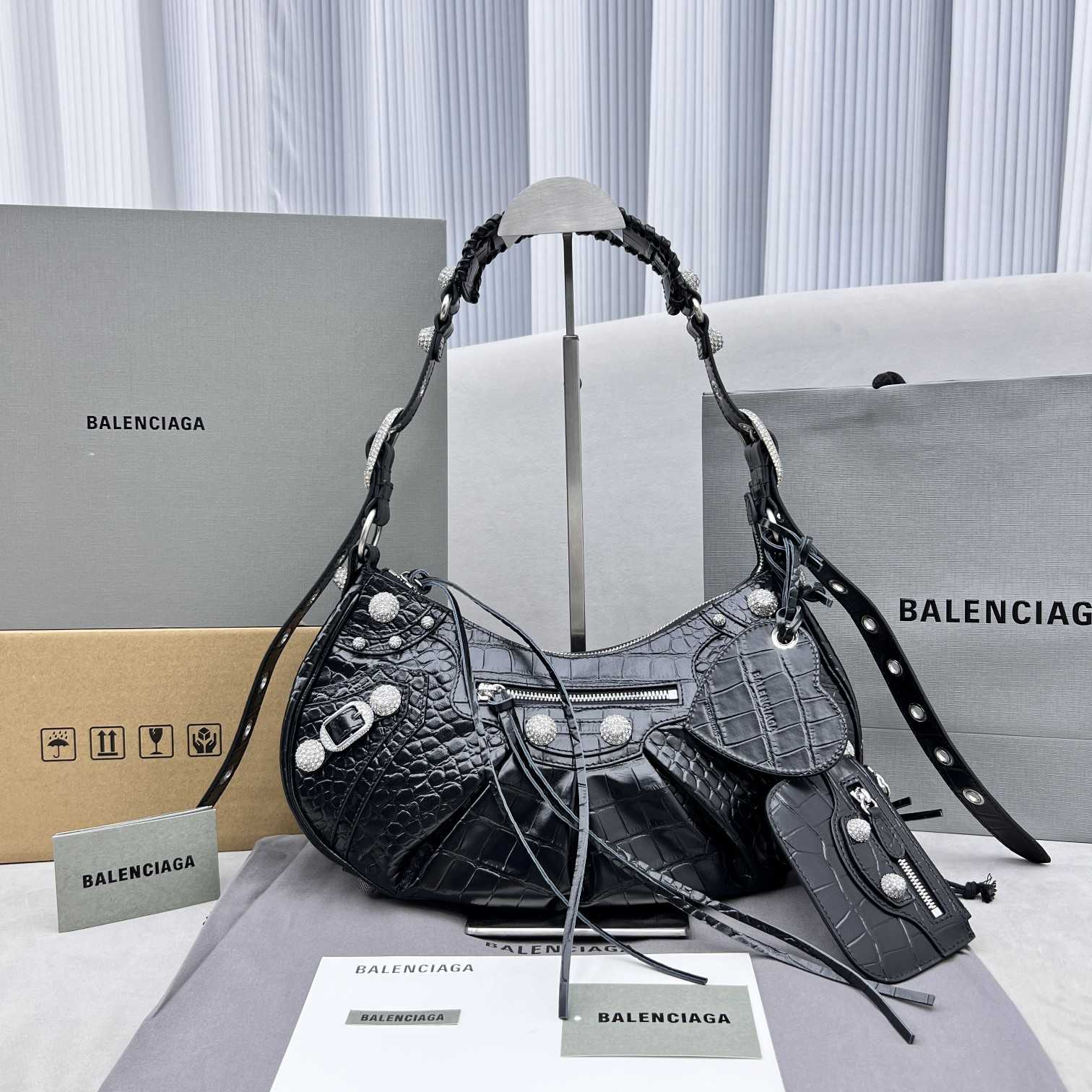 Balenciaga Women's Le Cagole Small Shoulder Bag Metallized Crocodile Embossed With Rhinestones In Black - DesignerGu