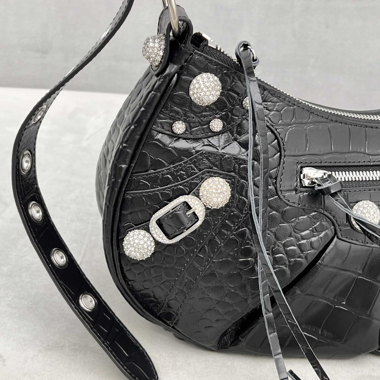 Balenciaga Women's Le Cagole Small Shoulder Bag Metallized Crocodile Embossed With Rhinestones In Black - DesignerGu