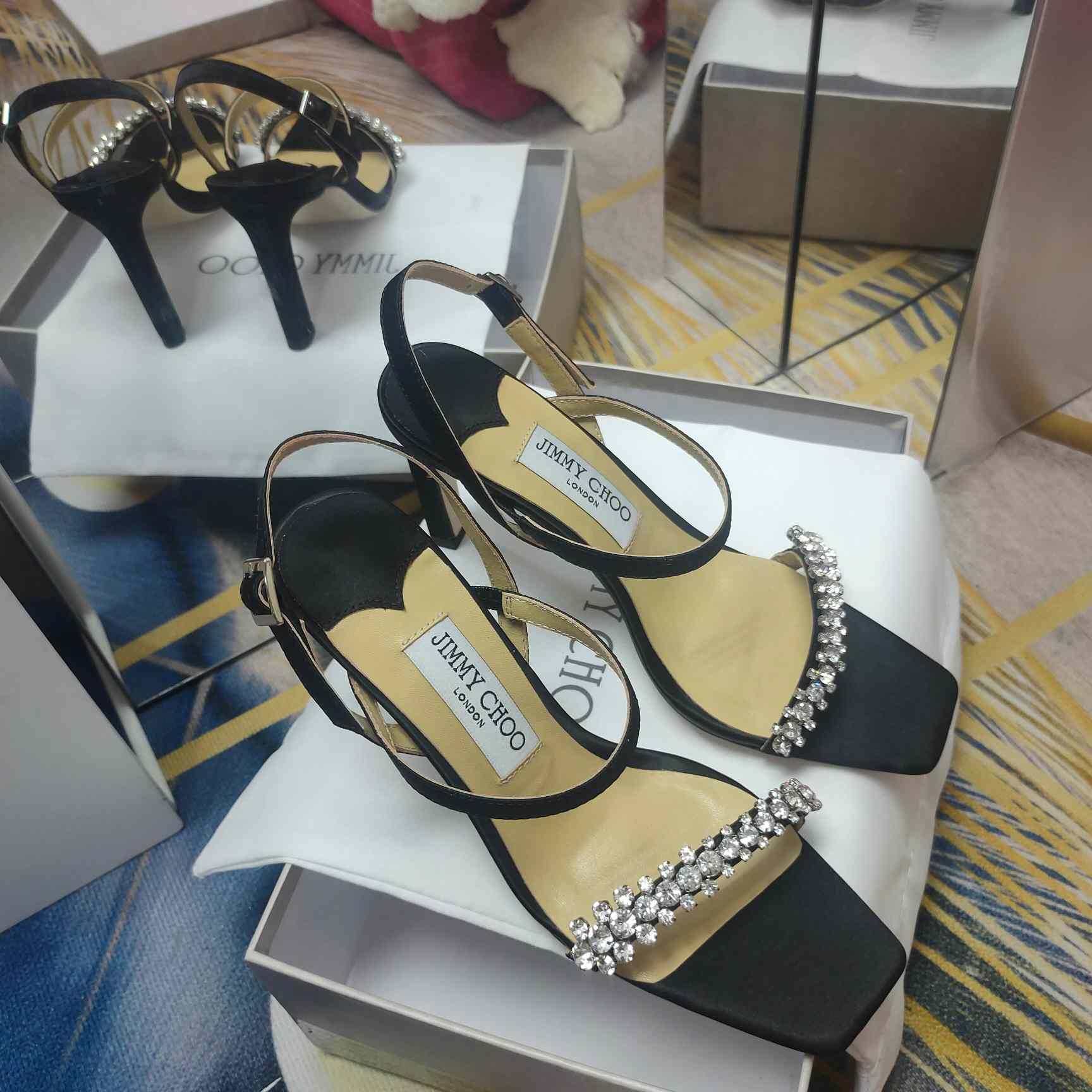 Jimmy Choo Meira 85 Black Suede Sandals With Crystal Embellishment - DesignerGu