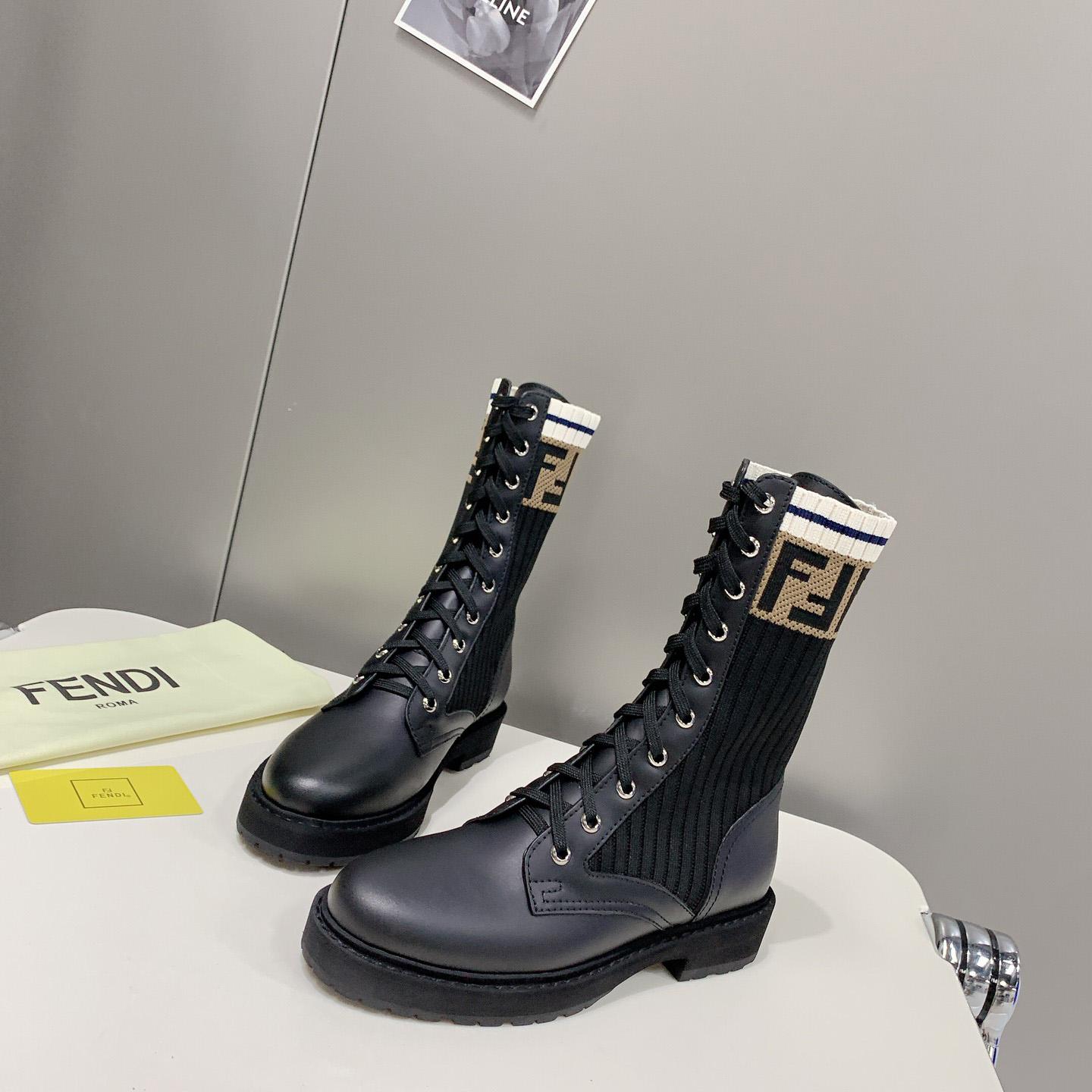 Fendi Rockoko Black Leather Biker Boots With Stretch Fabric - DesignerGu