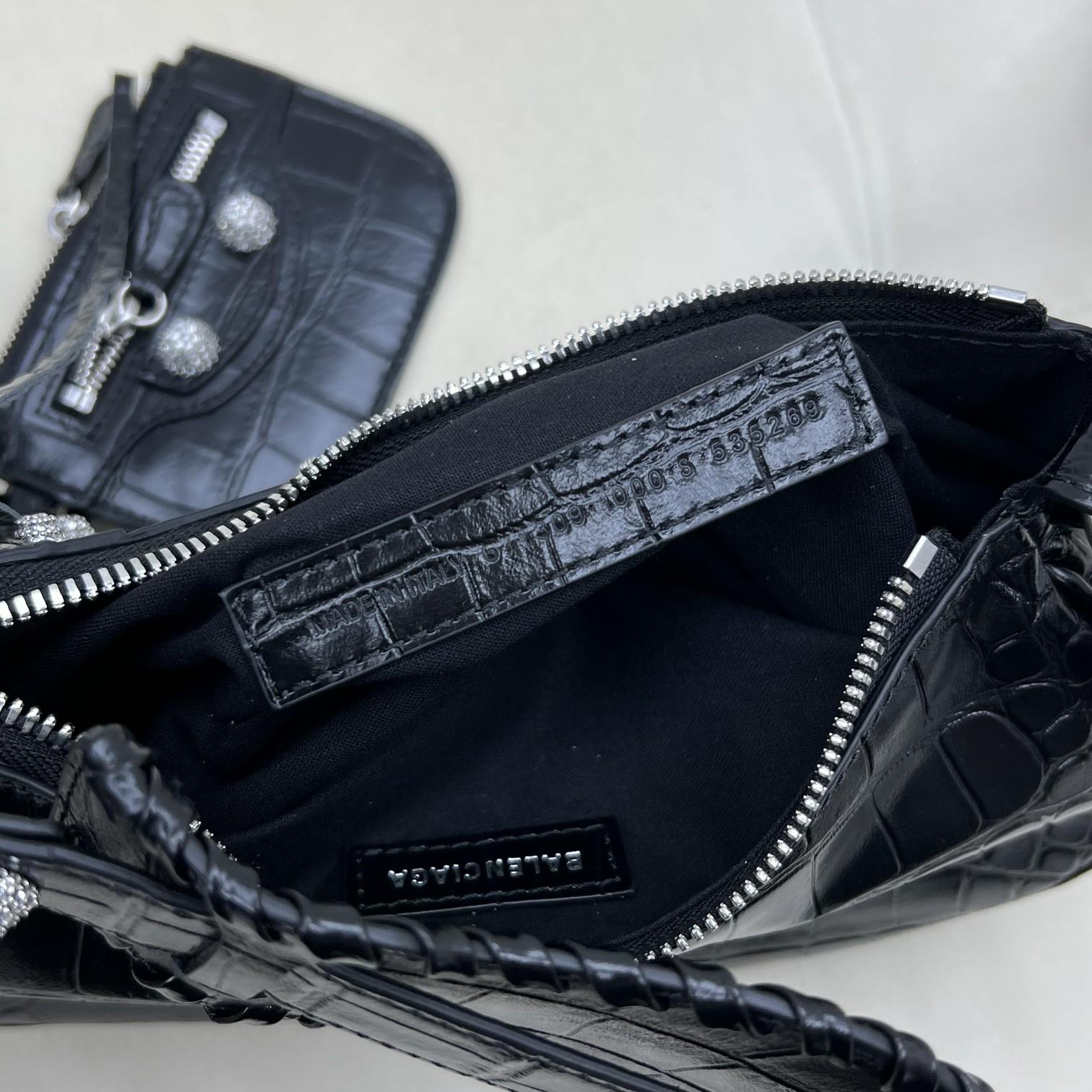 Balenciaga Women's Le Cagole XS Shoulder Bag Crocodile Embossed With Rhinestones In Black - DesignerGu