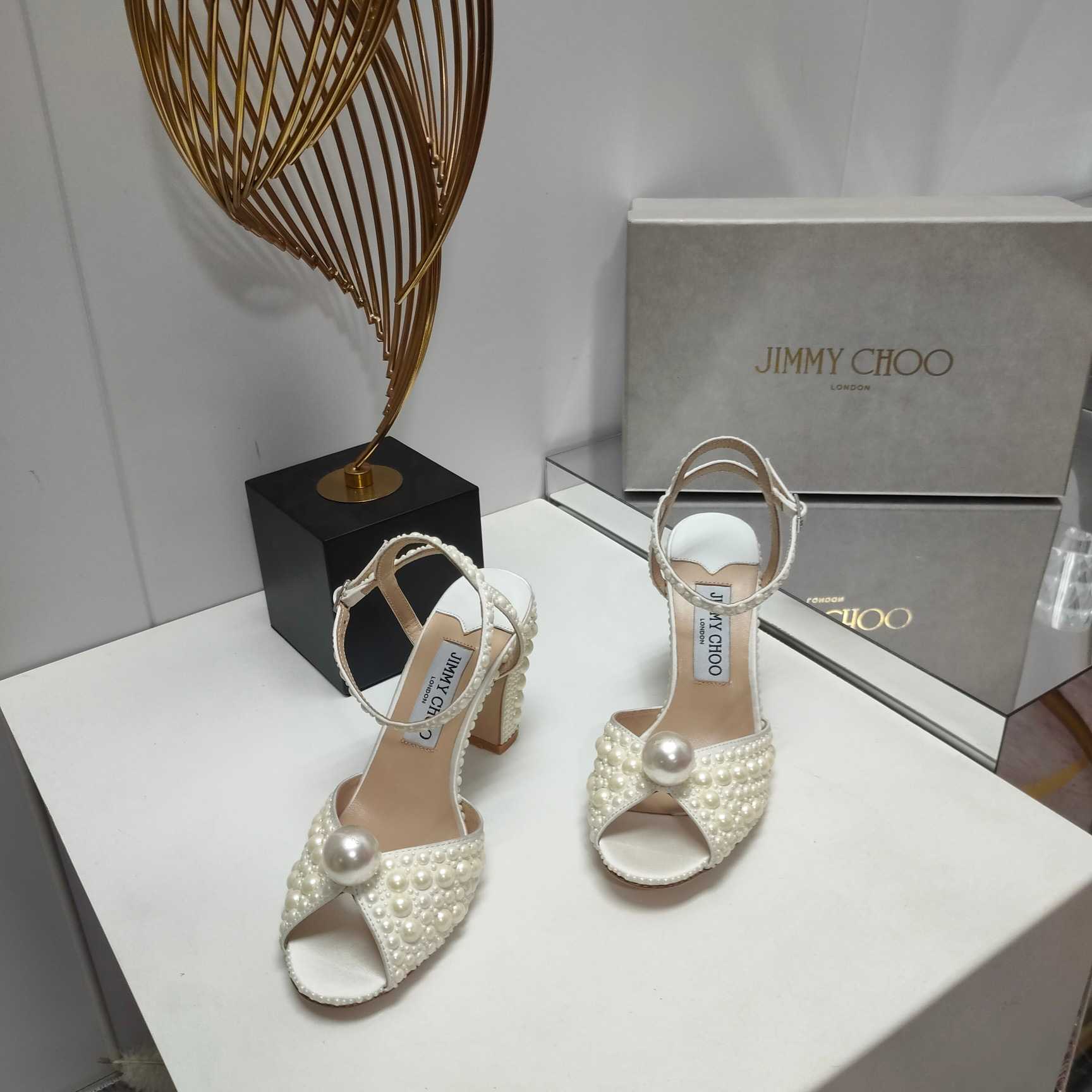 Jimmy Choo Sacaria White Satin Sandals With All-Over Pearl Embellishment - DesignerGu