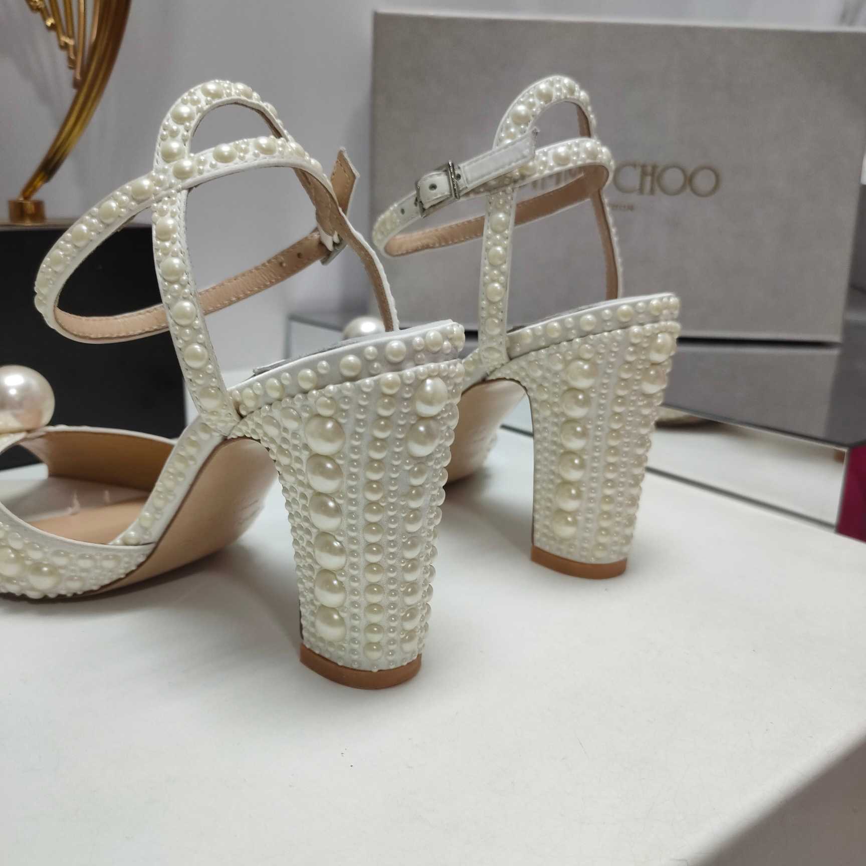 Jimmy Choo Sacaria White Satin Sandals With All-Over Pearl Embellishment - DesignerGu