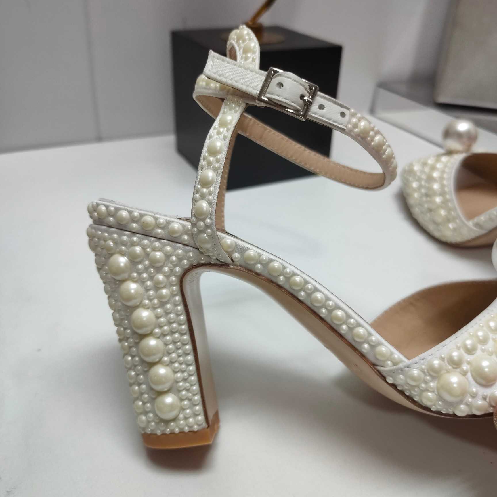 Jimmy Choo Sacaria White Satin Sandals With All-Over Pearl Embellishment - DesignerGu