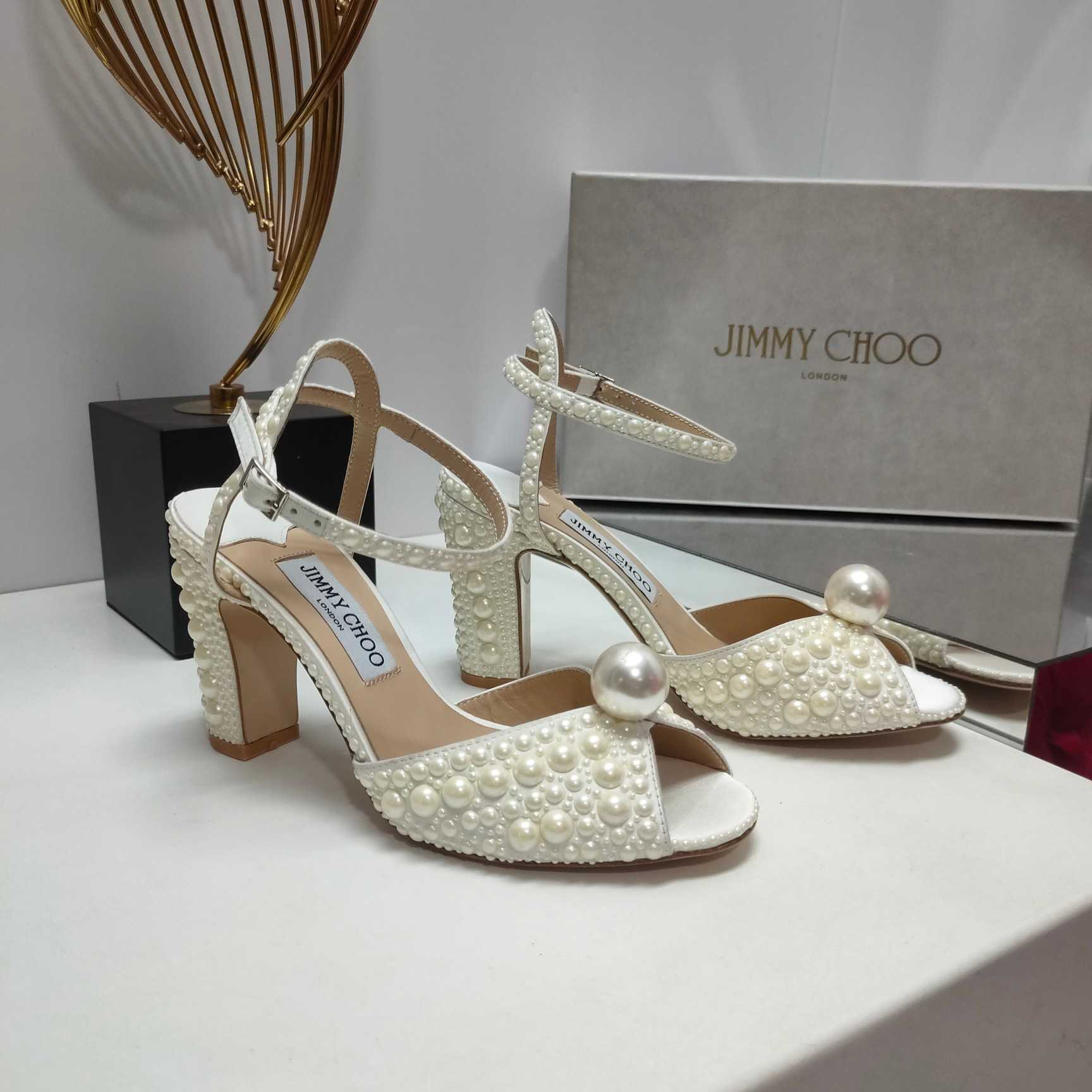 Jimmy Choo Sacaria White Satin Sandals With All-Over Pearl Embellishment - DesignerGu