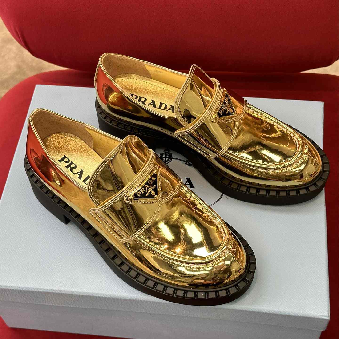 Prada Metallic Leather Loafers - DesignerGu