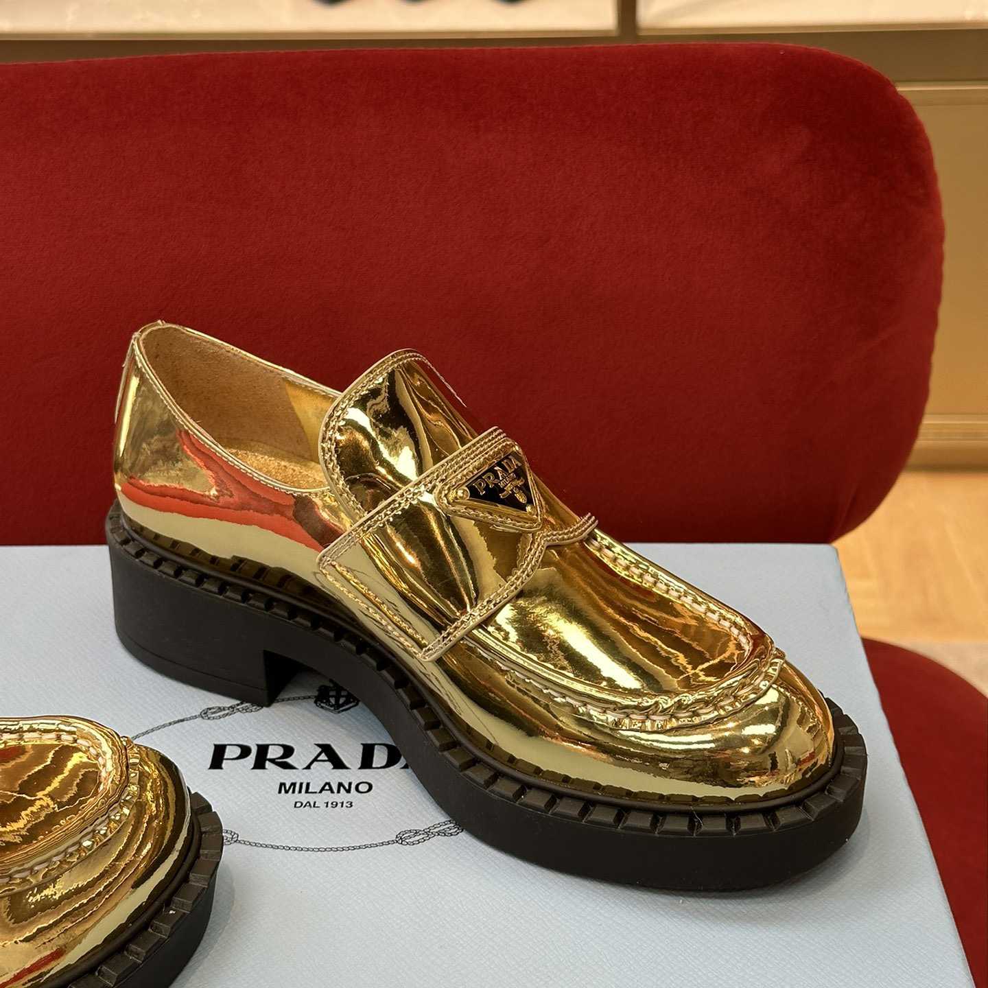 Prada Metallic Leather Loafers - DesignerGu